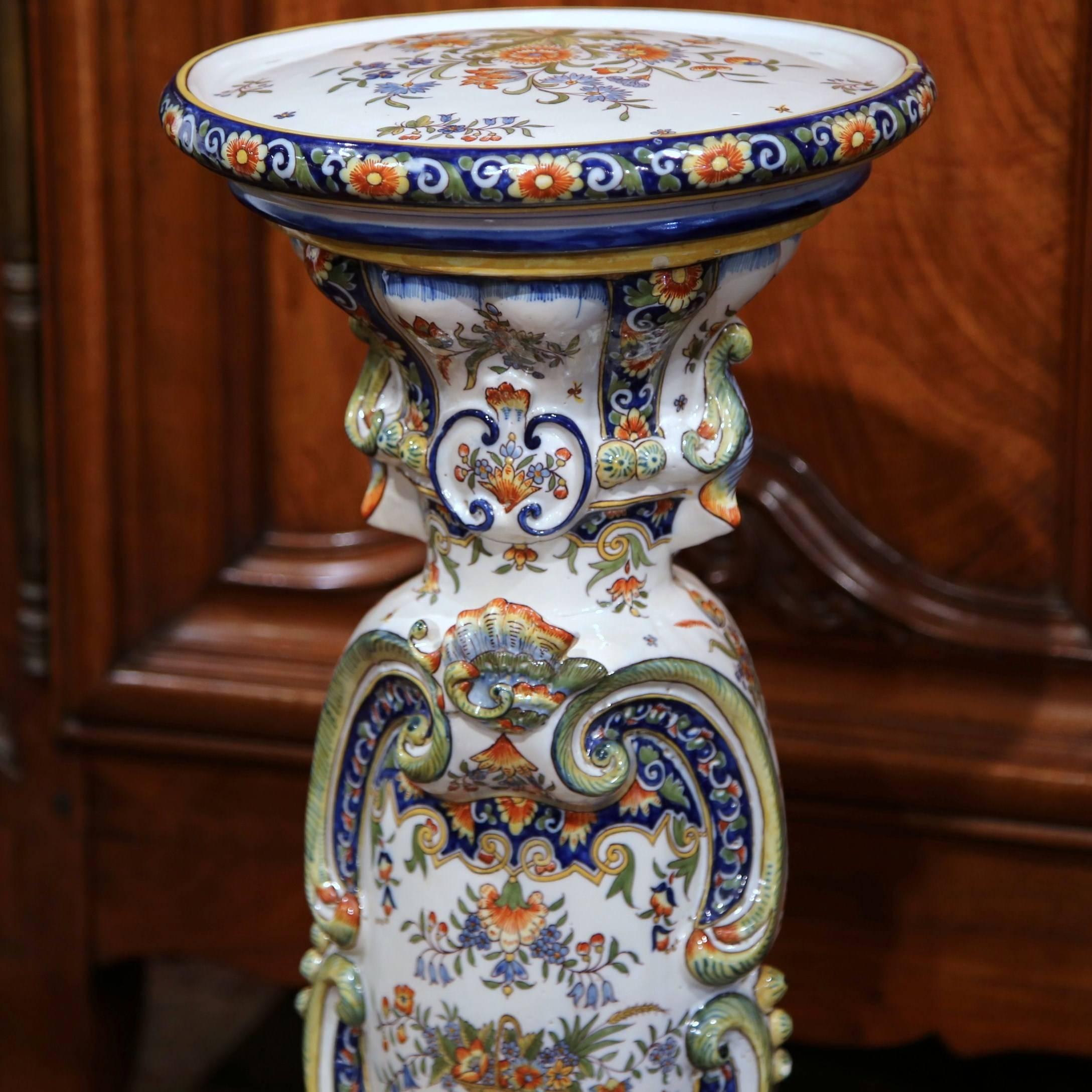 19th Century French Carved Hand Painted Faience Pedestal Table from Rouen (Fayence)