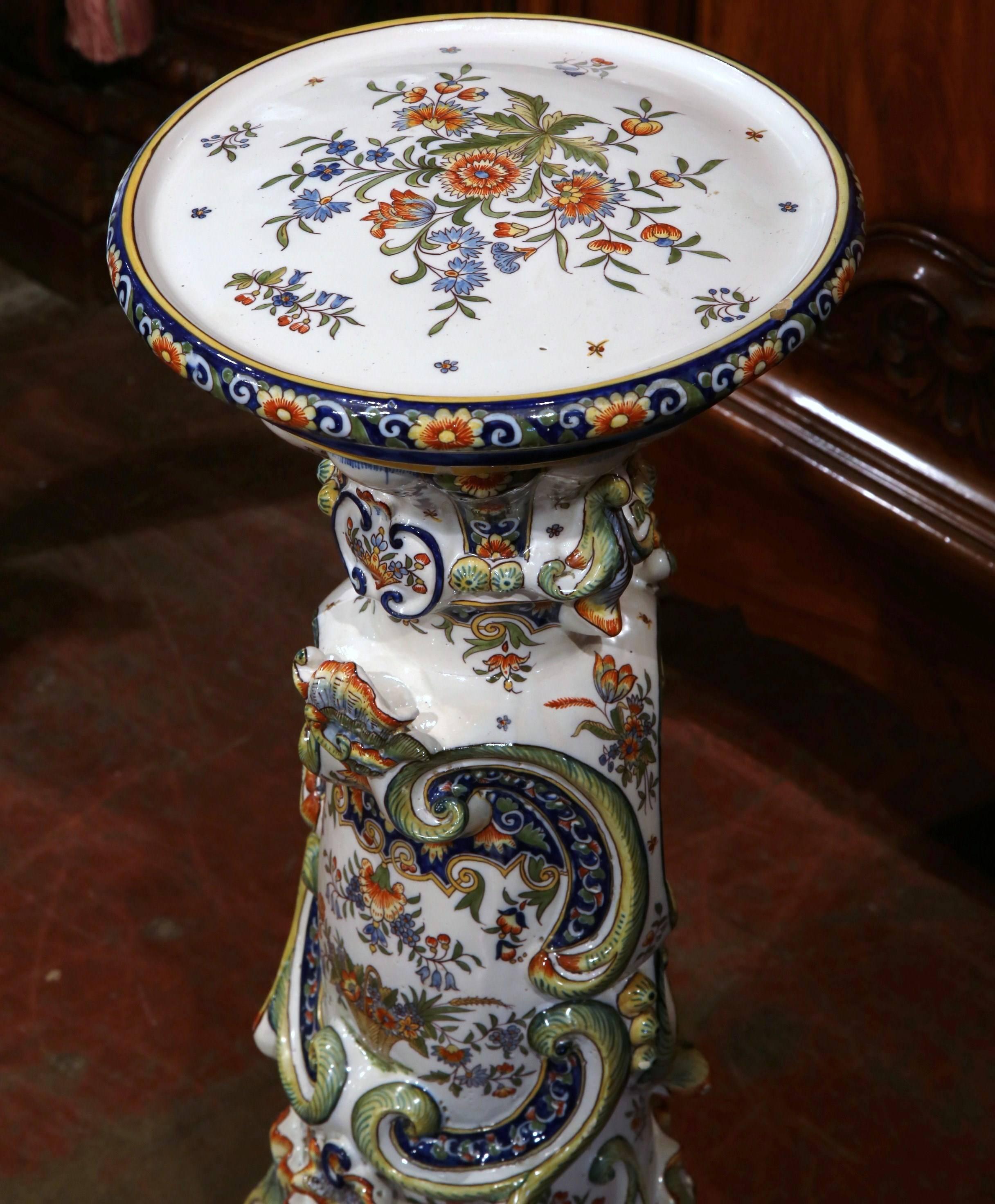 Hand-Crafted 19th Century French Carved Hand Painted Faience Pedestal Table from Rouen