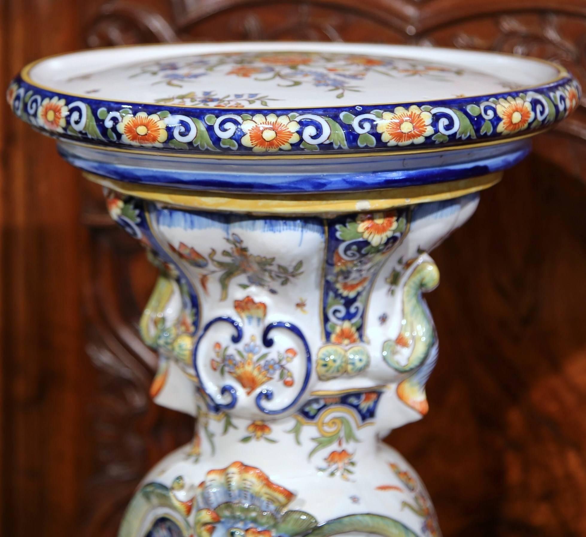 19th Century French Carved Hand Painted Faience Pedestal Table from Rouen In Excellent Condition In Dallas, TX