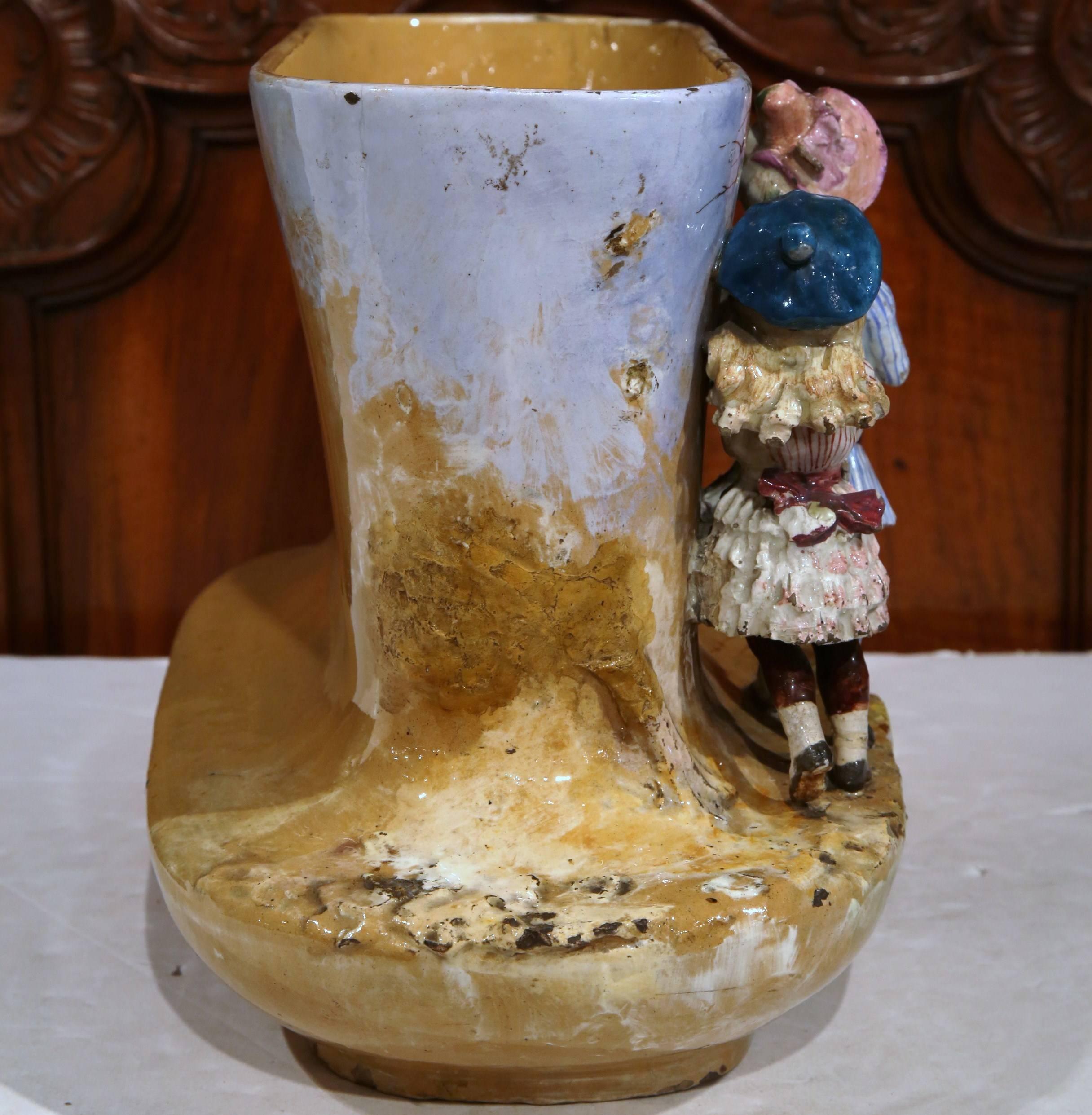 19th Century French Hand-Painted Barbotine Oval Vase with Young Girls Figures 2