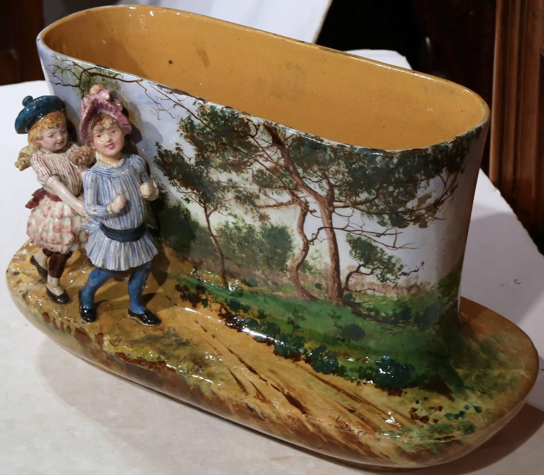 19th Century French Hand-Painted Barbotine Oval Vase with Young Girls Figures 3