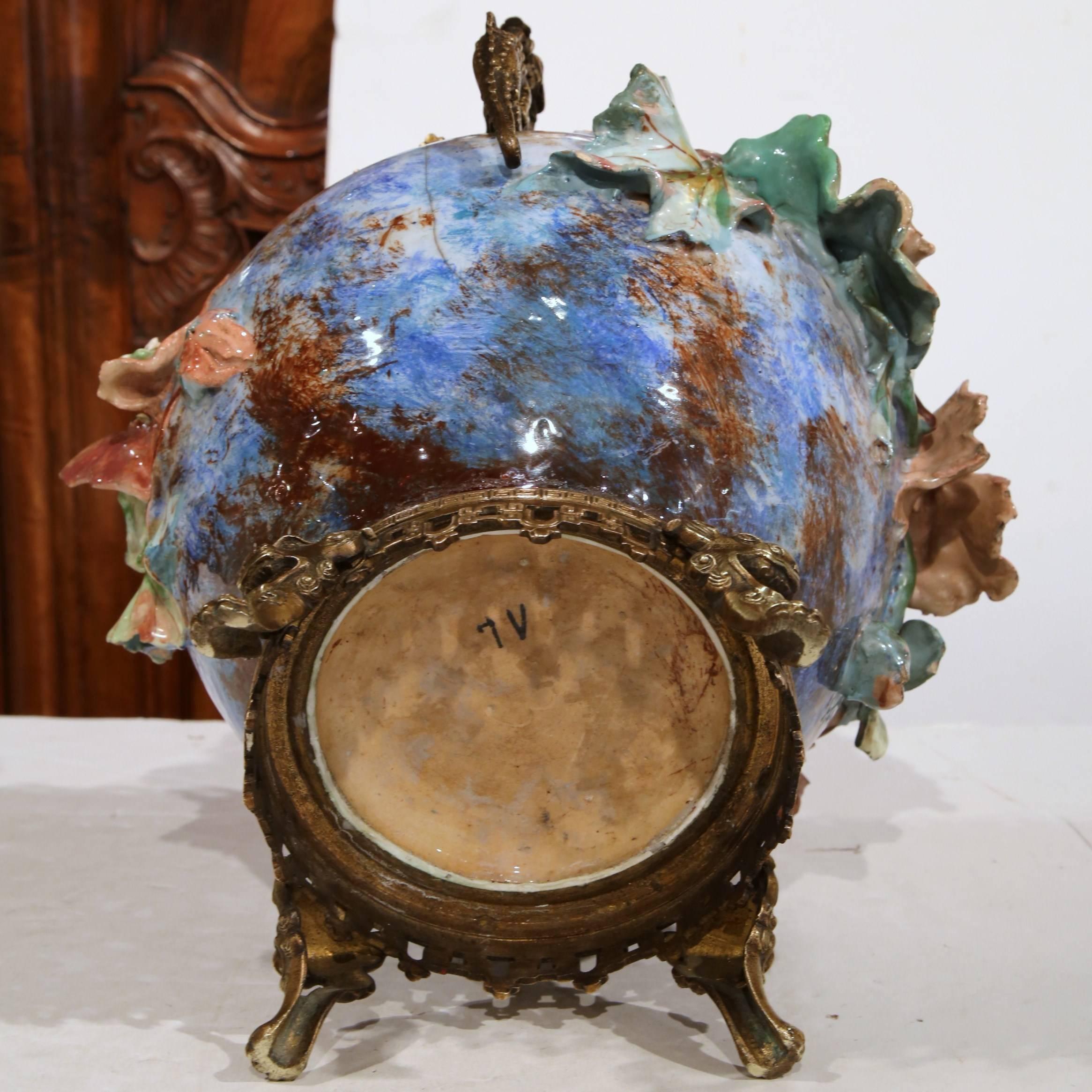 19th Century French Hand-Painted Barbotine Cache Pot with Bronze Mount and Base 6