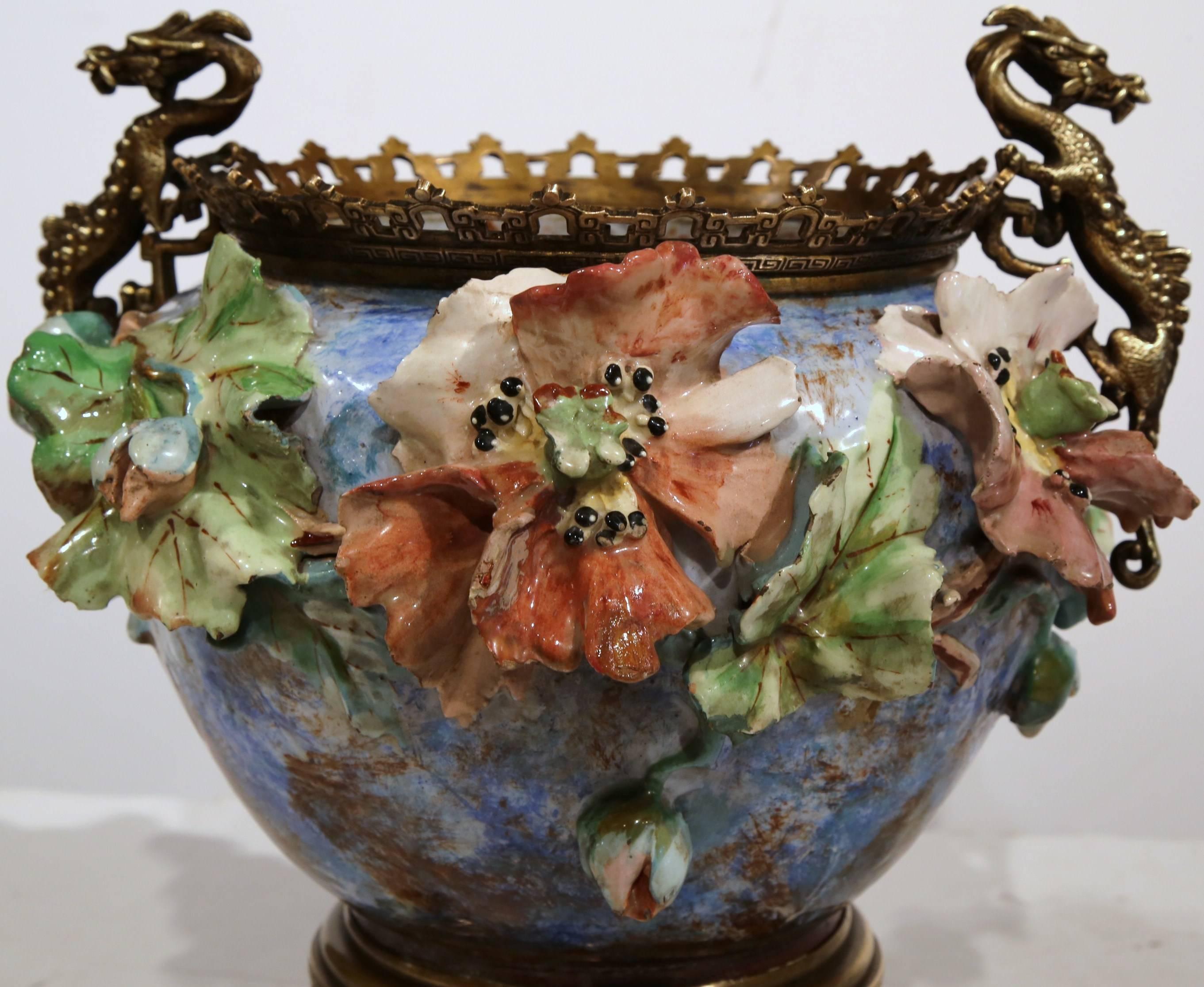 19th Century French Hand-Painted Barbotine Cache Pot with Bronze Mount and Base In Excellent Condition In Dallas, TX