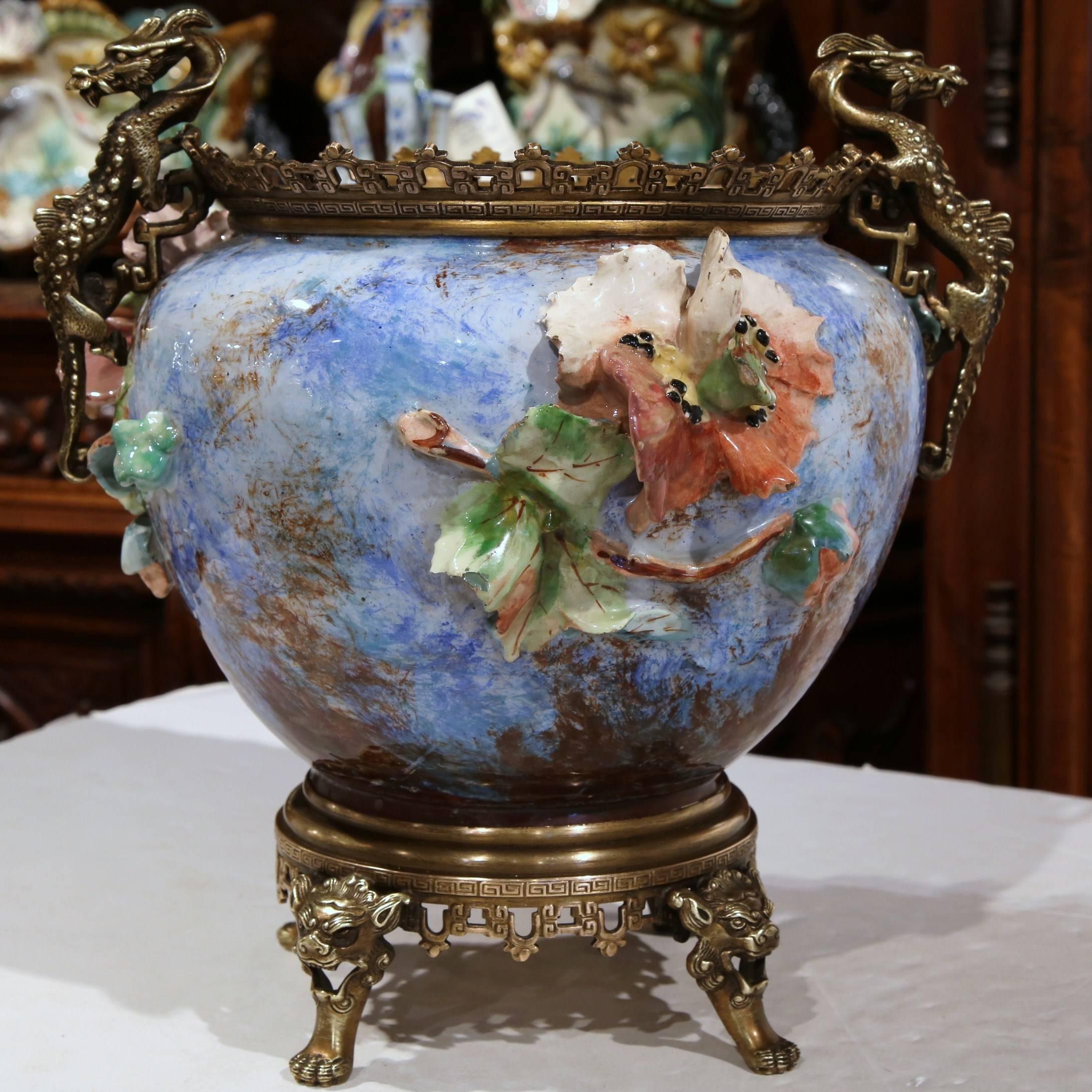 19th Century French Hand-Painted Barbotine Cache Pot with Bronze Mount and Base 4