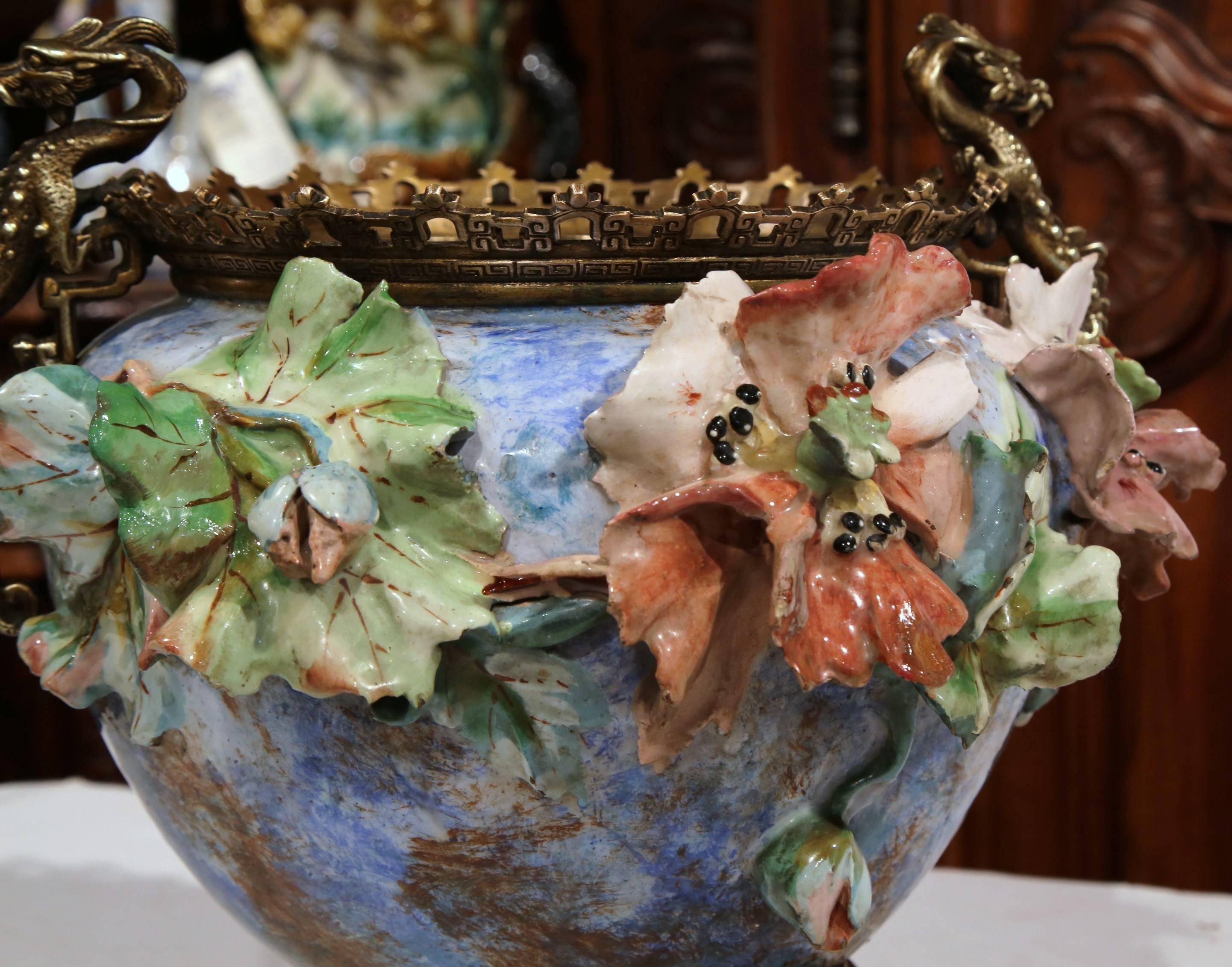 19th Century French Hand-Painted Barbotine Cache Pot with Bronze Mount and Base 2