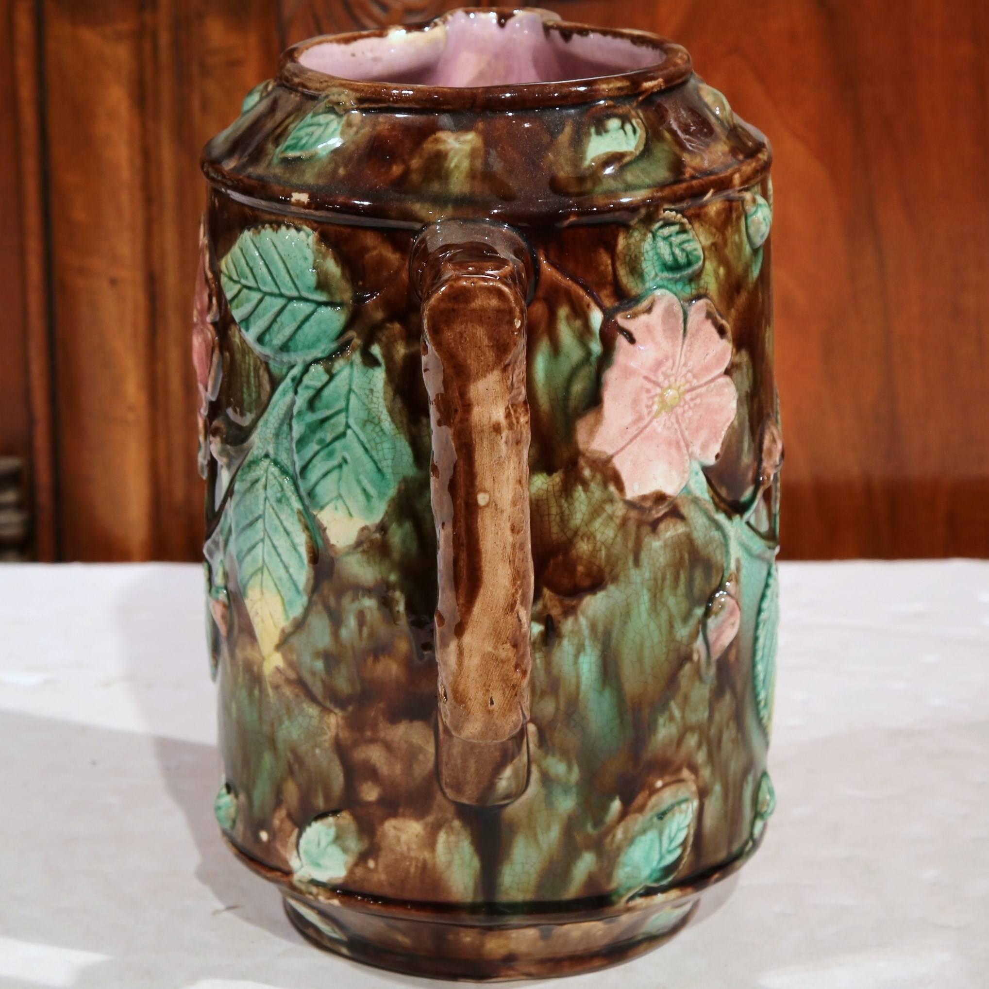 19th Century French Barbotine Water Pitcher with Floral Leaf and Nut Decor In Excellent Condition In Dallas, TX