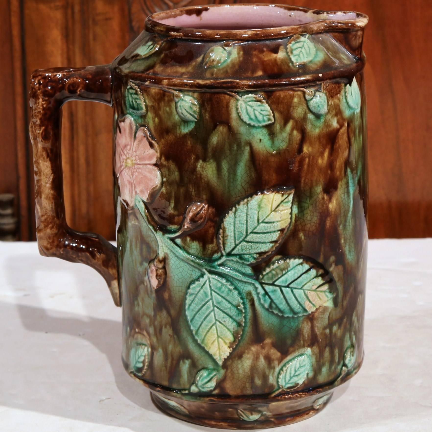Hand-Crafted 19th Century French Barbotine Water Pitcher with Floral Leaf and Nut Decor