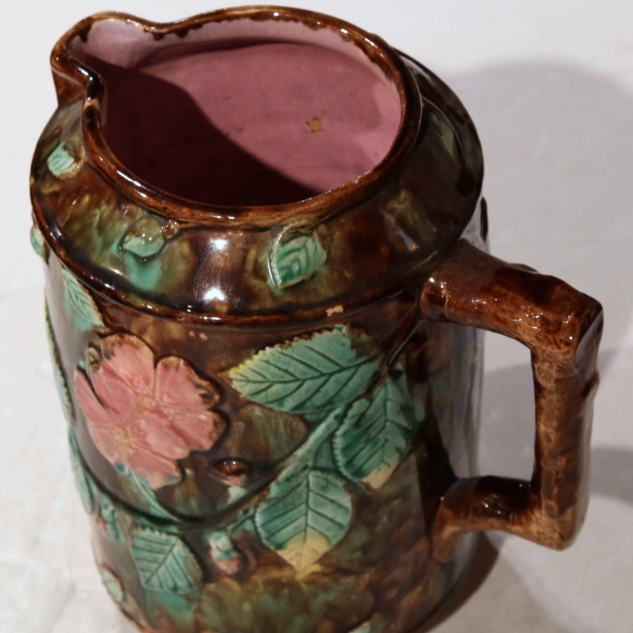19th Century French Barbotine Water Pitcher with Floral Leaf and Nut Decor 4