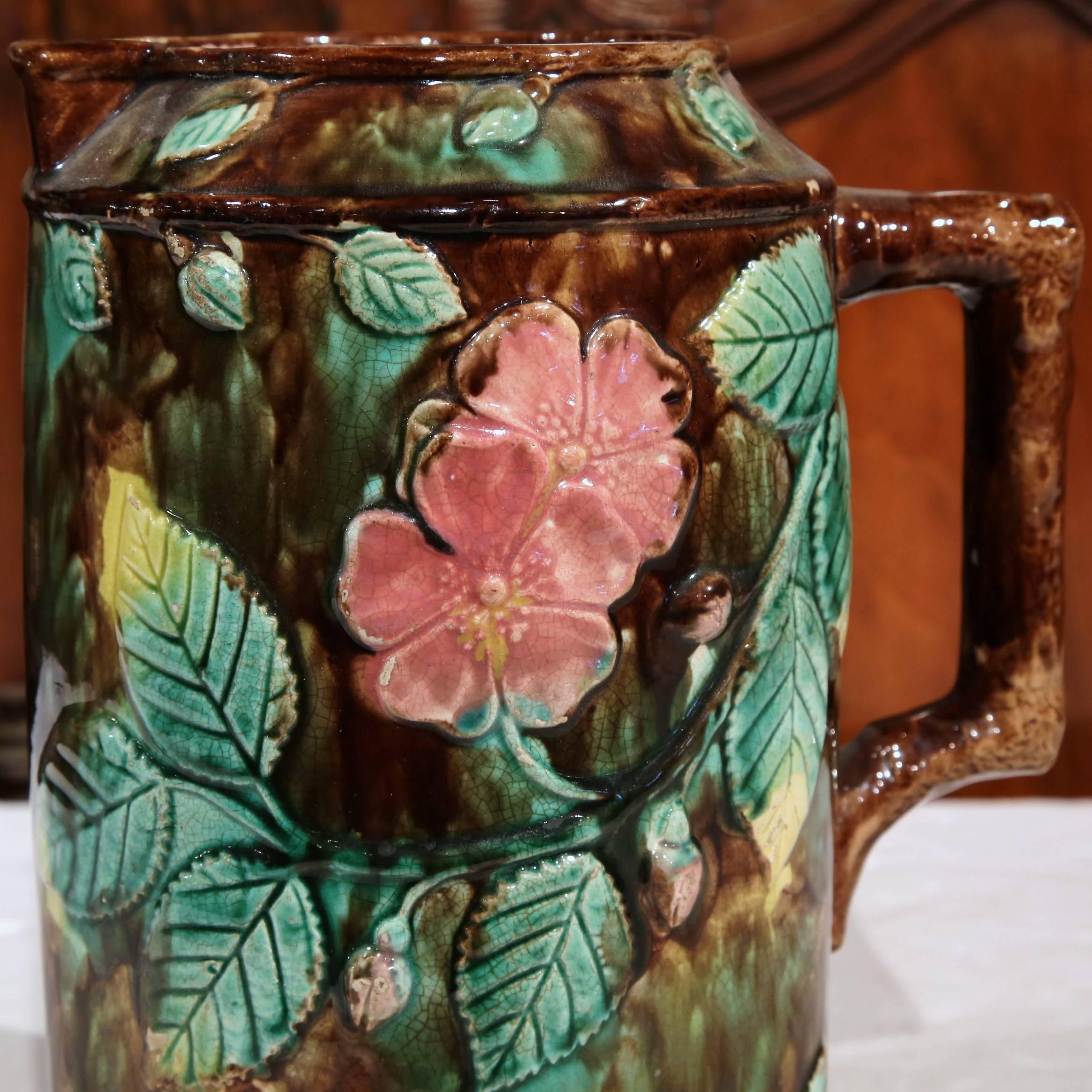 19th Century French Barbotine Water Pitcher with Floral Leaf and Nut Decor 2