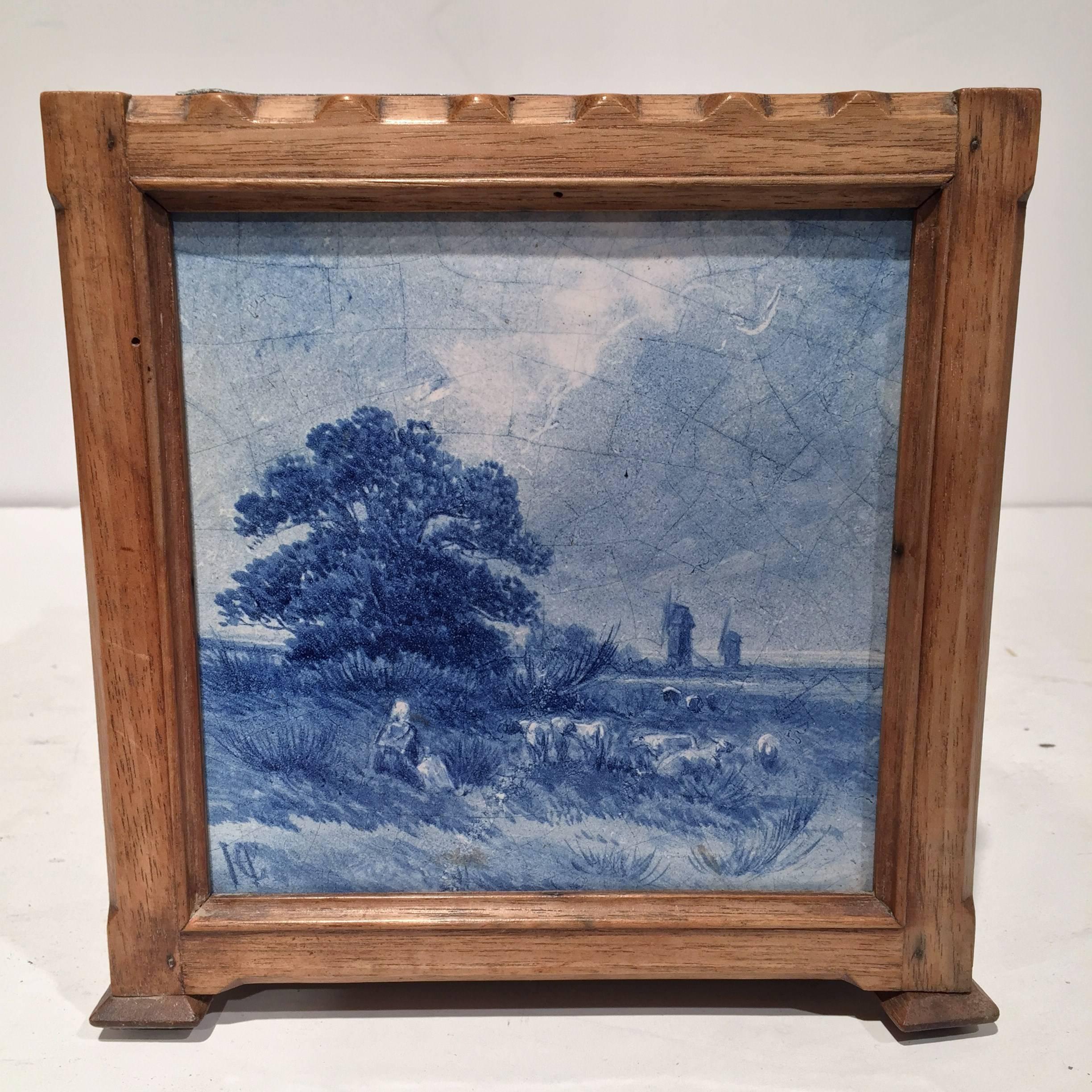 19th Century French Jardiniere with Four Blue and White Delft Tiles Scenes 2