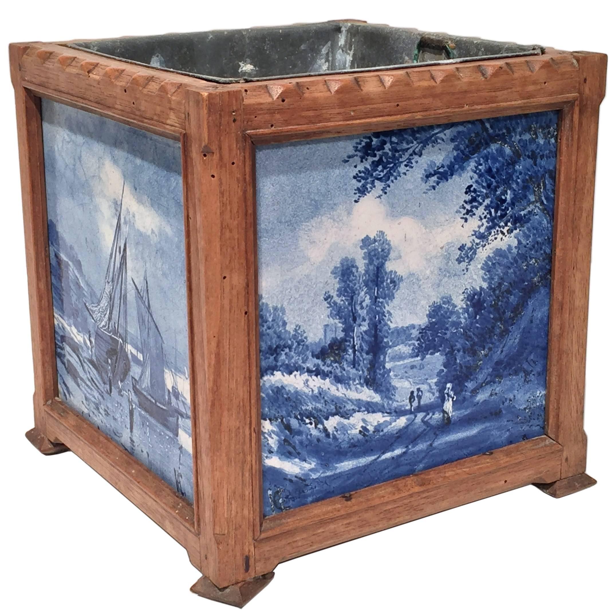 19th Century French Jardiniere with Four Blue and White Delft Tiles Scenes