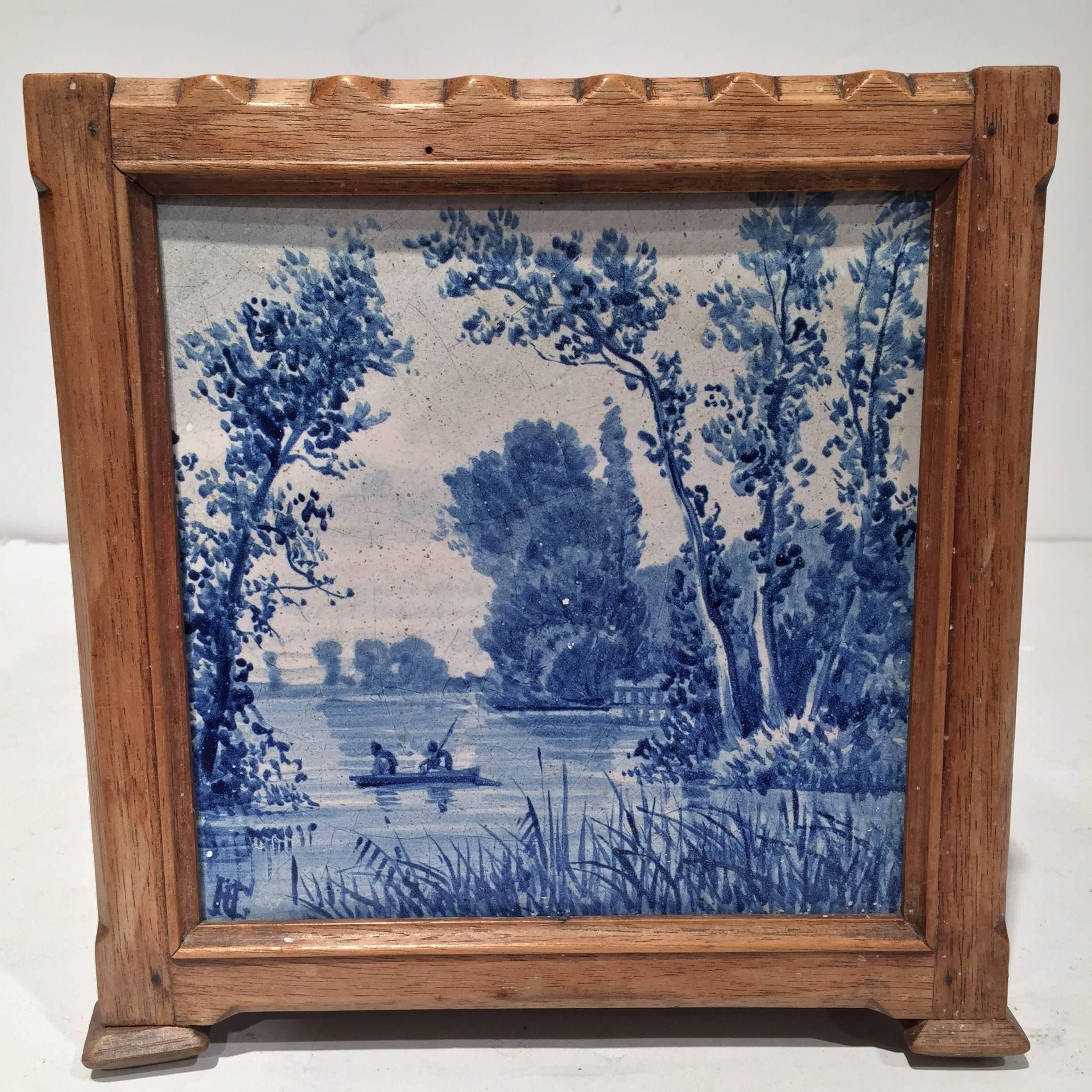 Exquisite antique cache pot from France, circa 1870 in a wooden frame. Each tile is very detailed with a different pastoral and nautical scene on each one. Very good condition with original zinc liner inside.