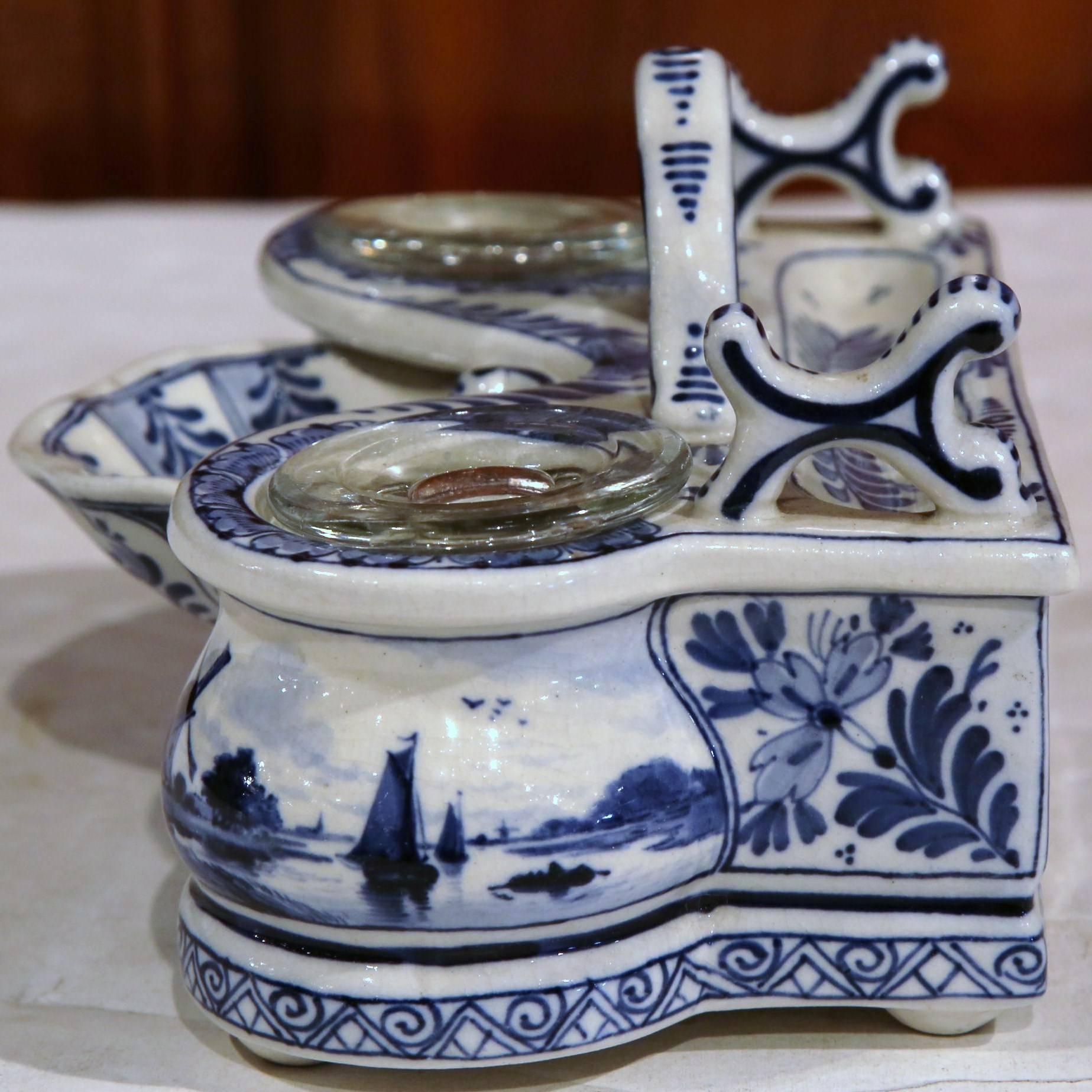 19th Century Blue and White Signed and Stamped Delft Inkwell 4