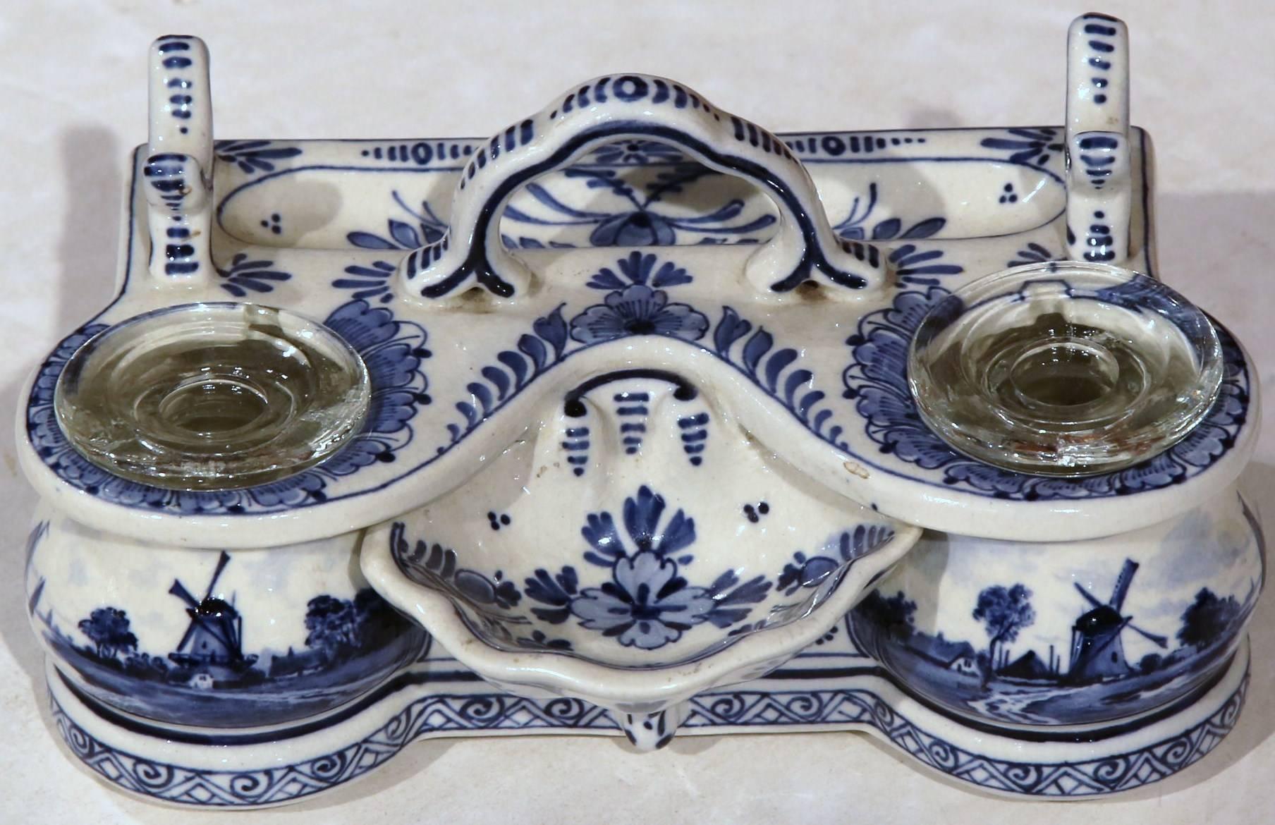 19th Century Blue and White Signed and Stamped Delft Inkwell 2