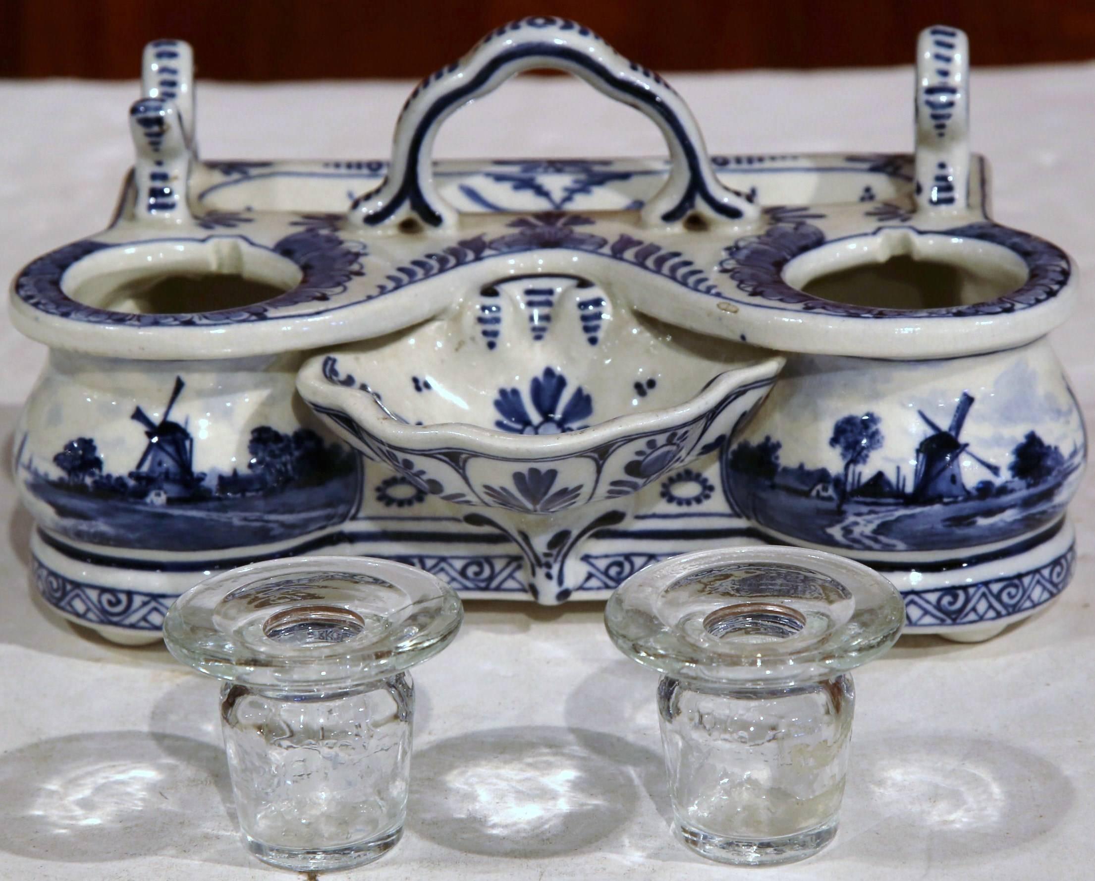 Dutch 19th Century Blue and White Signed and Stamped Delft Inkwell