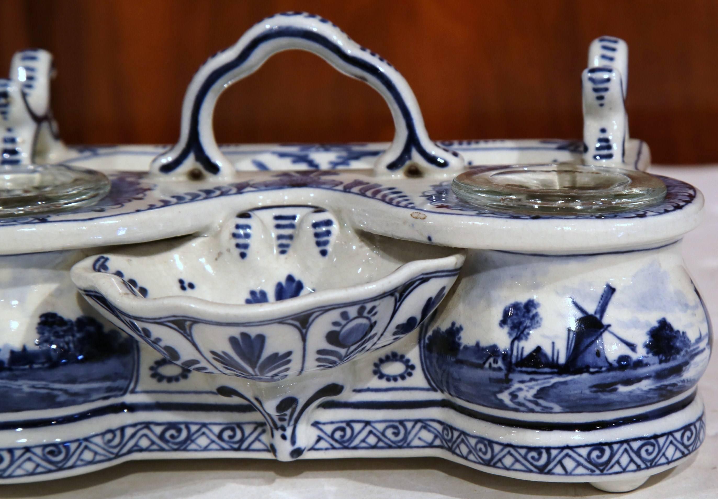 19th Century Blue and White Signed and Stamped Delft Inkwell 1
