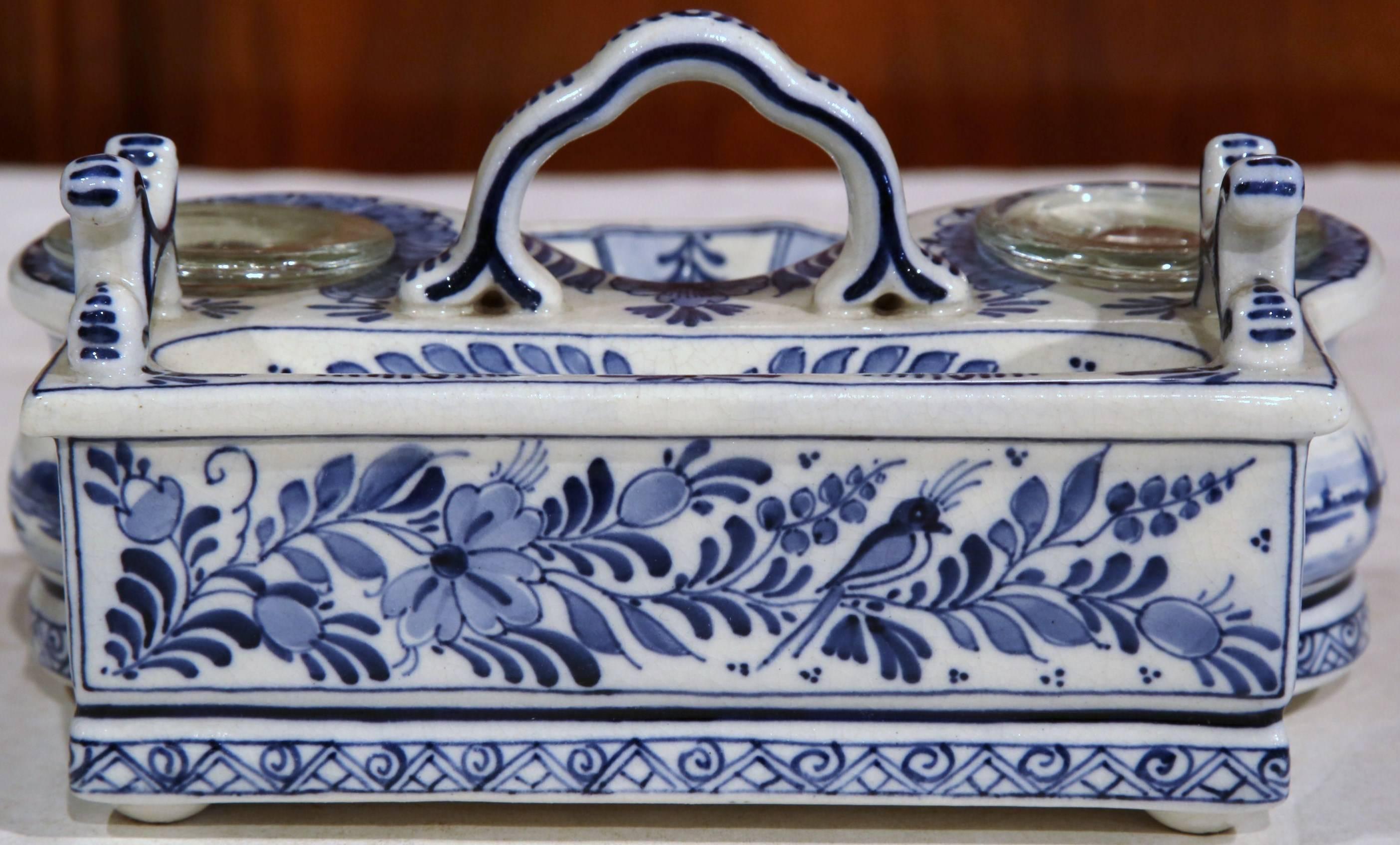19th Century Blue and White Signed and Stamped Delft Inkwell 6