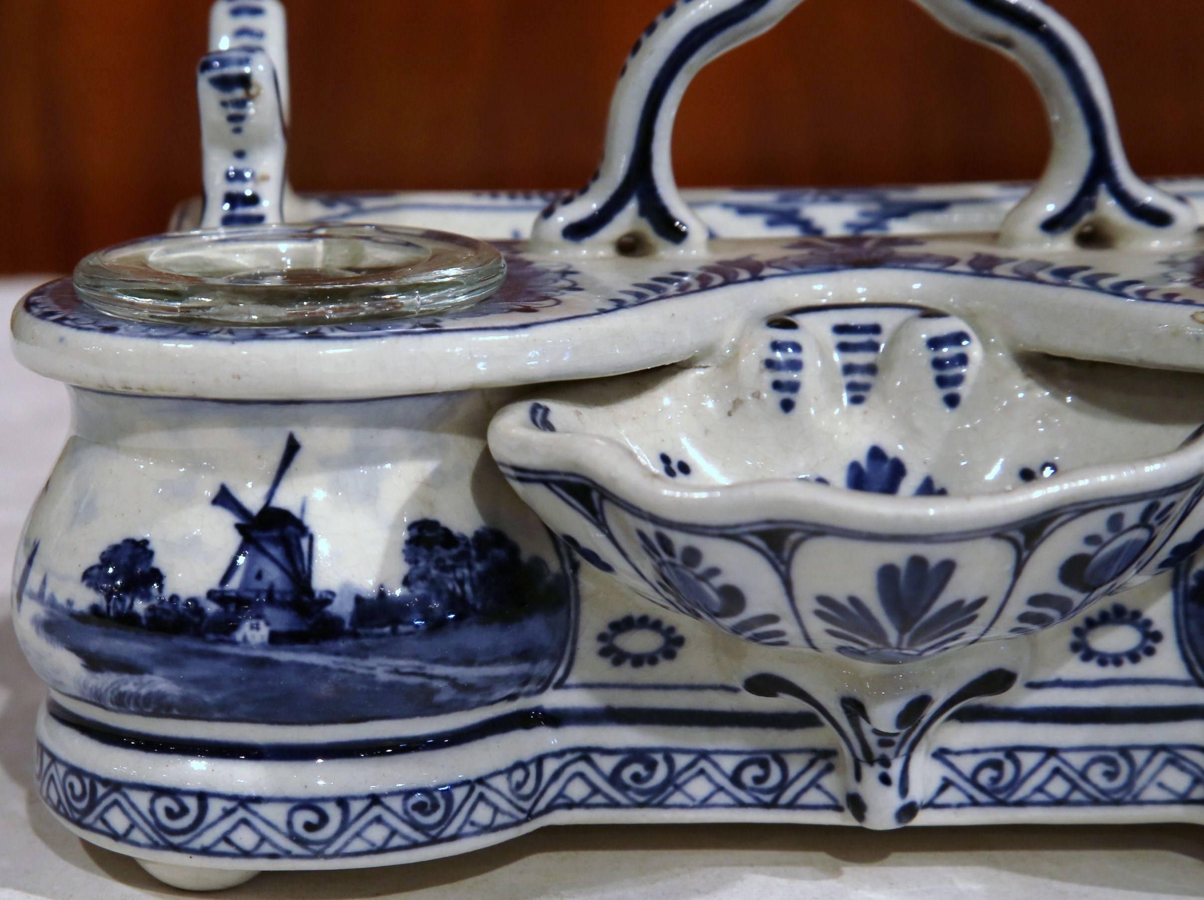 19th Century Blue and White Signed and Stamped Delft Inkwell In Excellent Condition In Dallas, TX