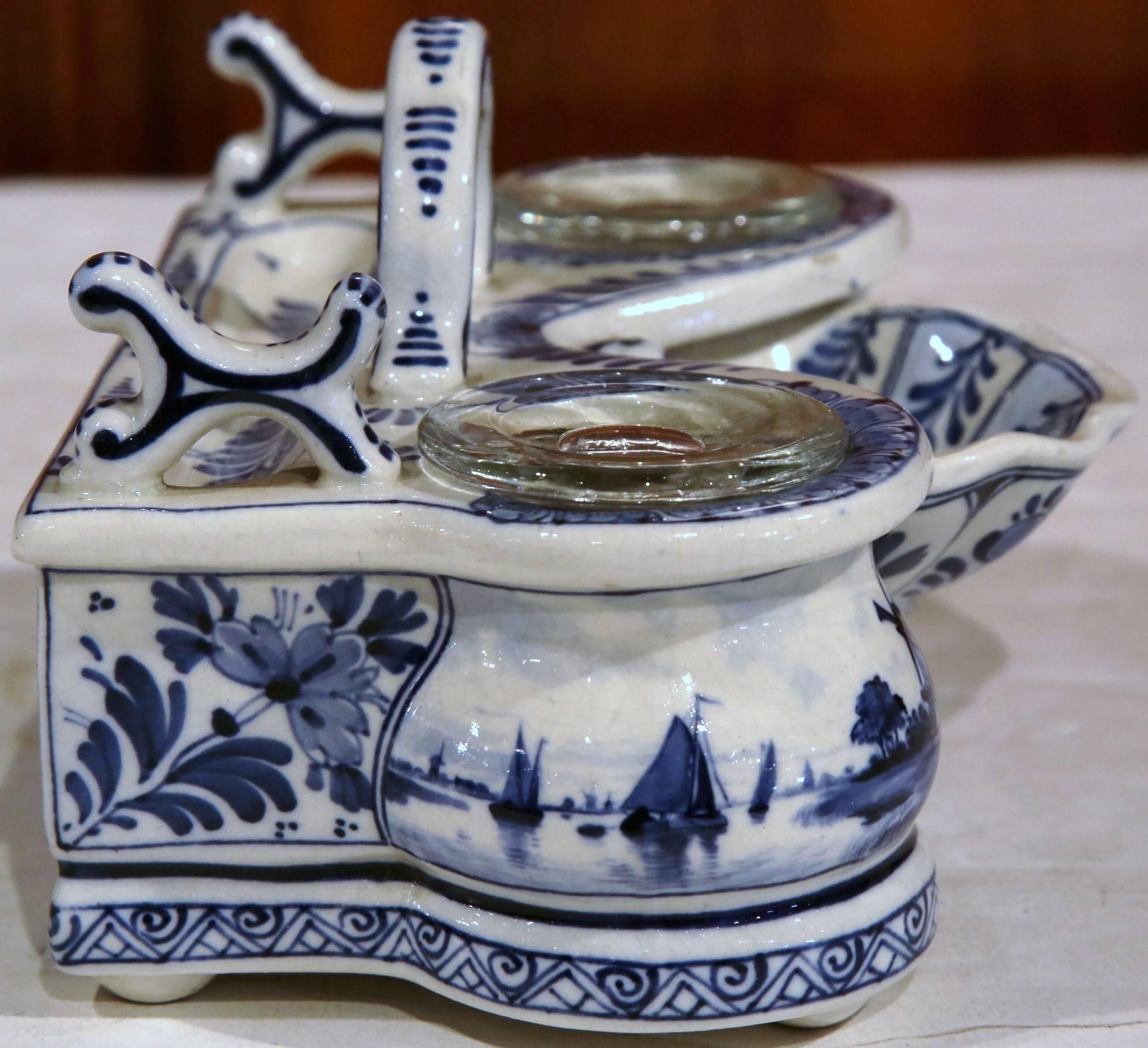 19th Century Blue and White Signed and Stamped Delft Inkwell 3