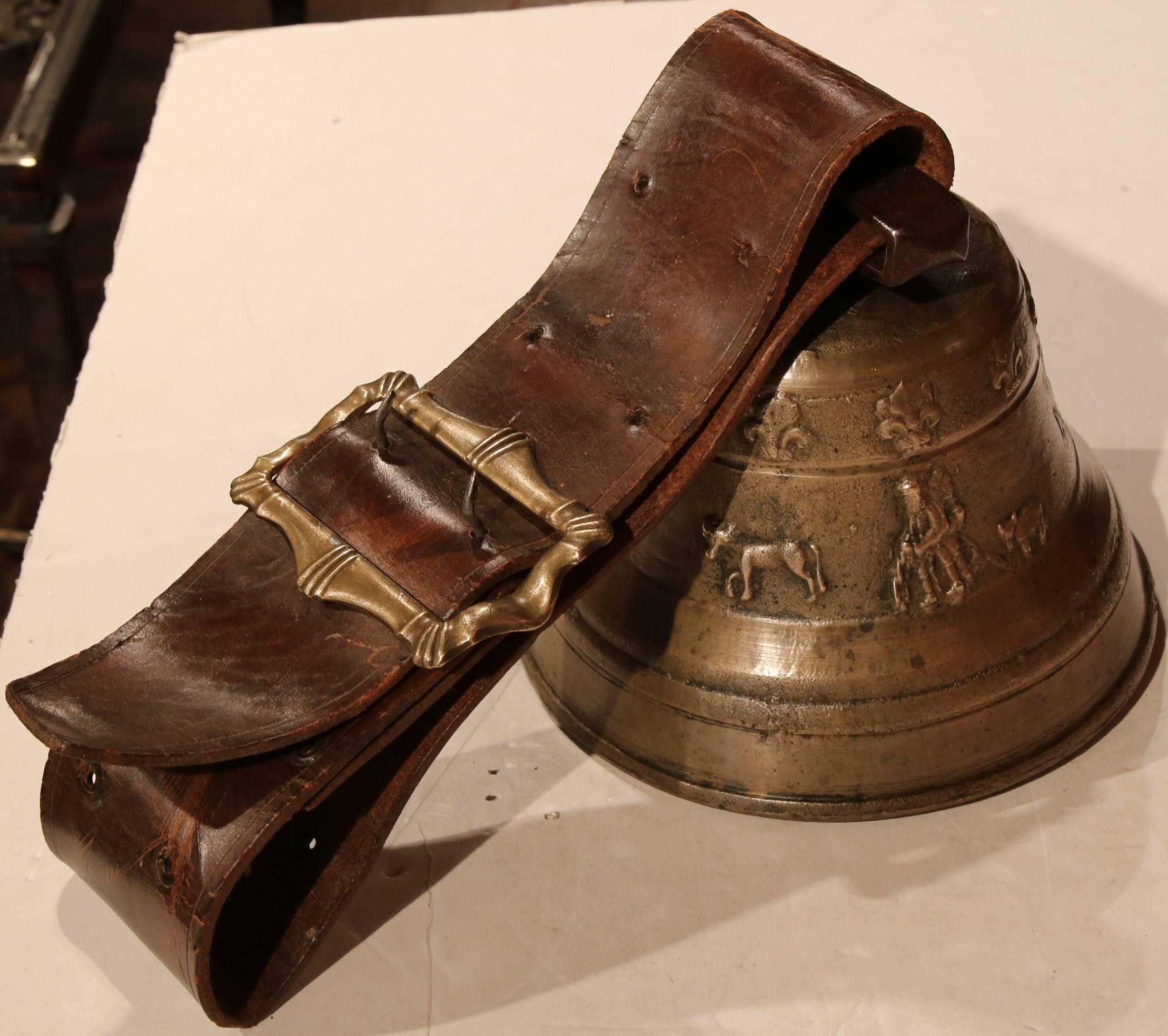 Large 19th Century French Bronze Cow Bell with Original Leather Strap and Buckle In Excellent Condition In Dallas, TX