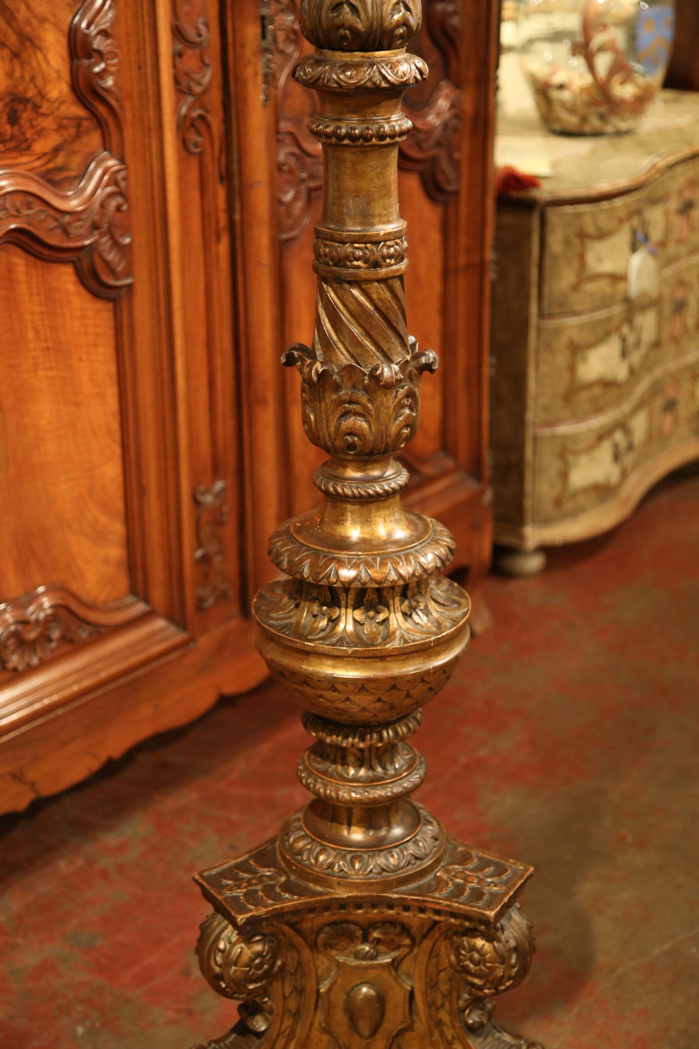 Hand-Carved Tall 19th Century Italian Carved Giltwood Altar Candlestick