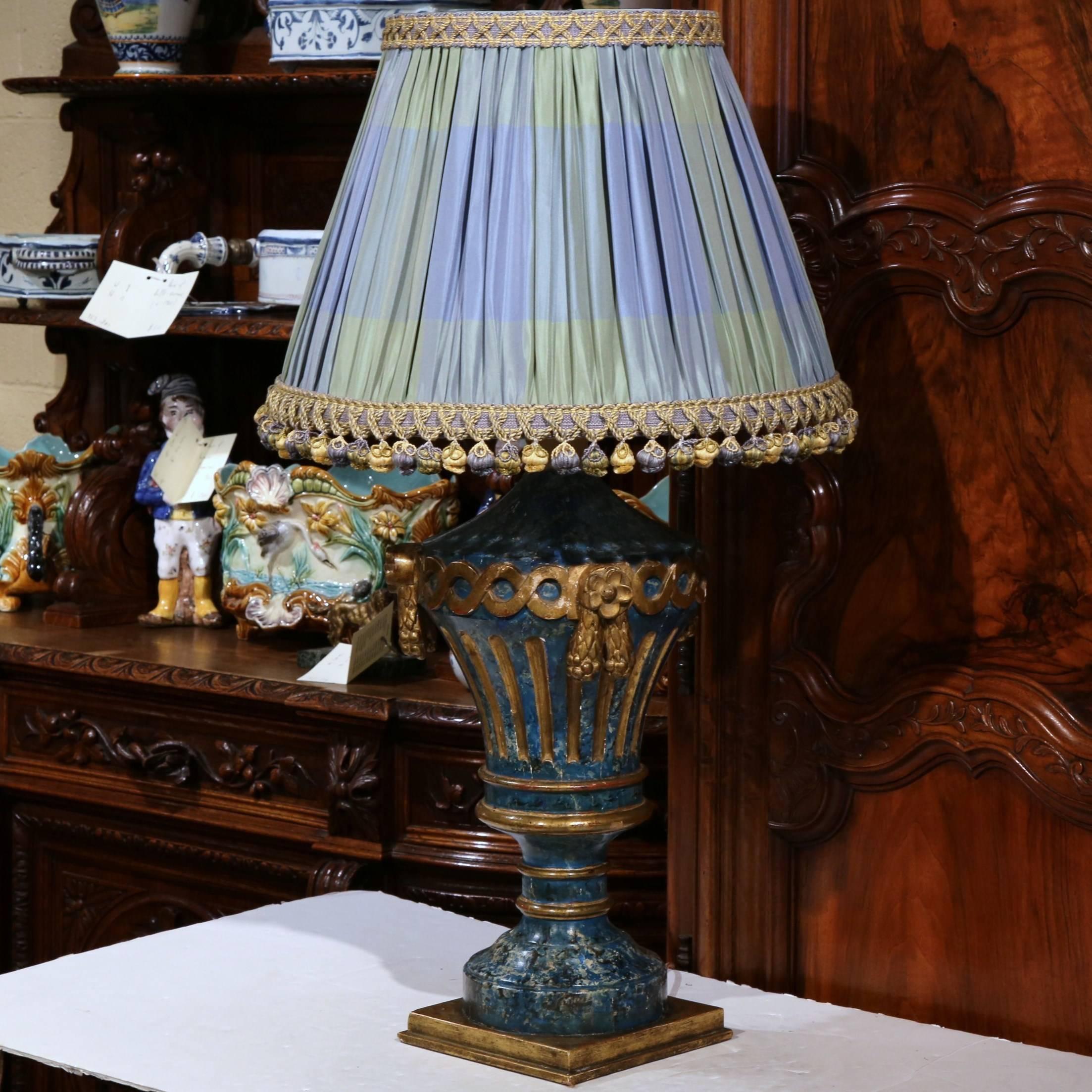 Pair of 19th Century Italian Carved Painted Lamp Bases with Custom Silk Shades 4