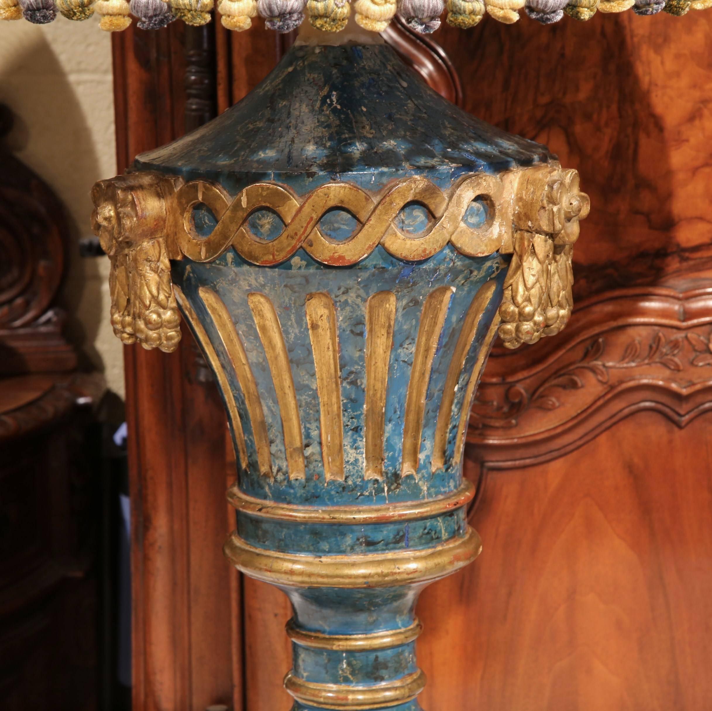 Pair of 19th Century Italian Carved Painted Lamp Bases with Custom Silk Shades 3