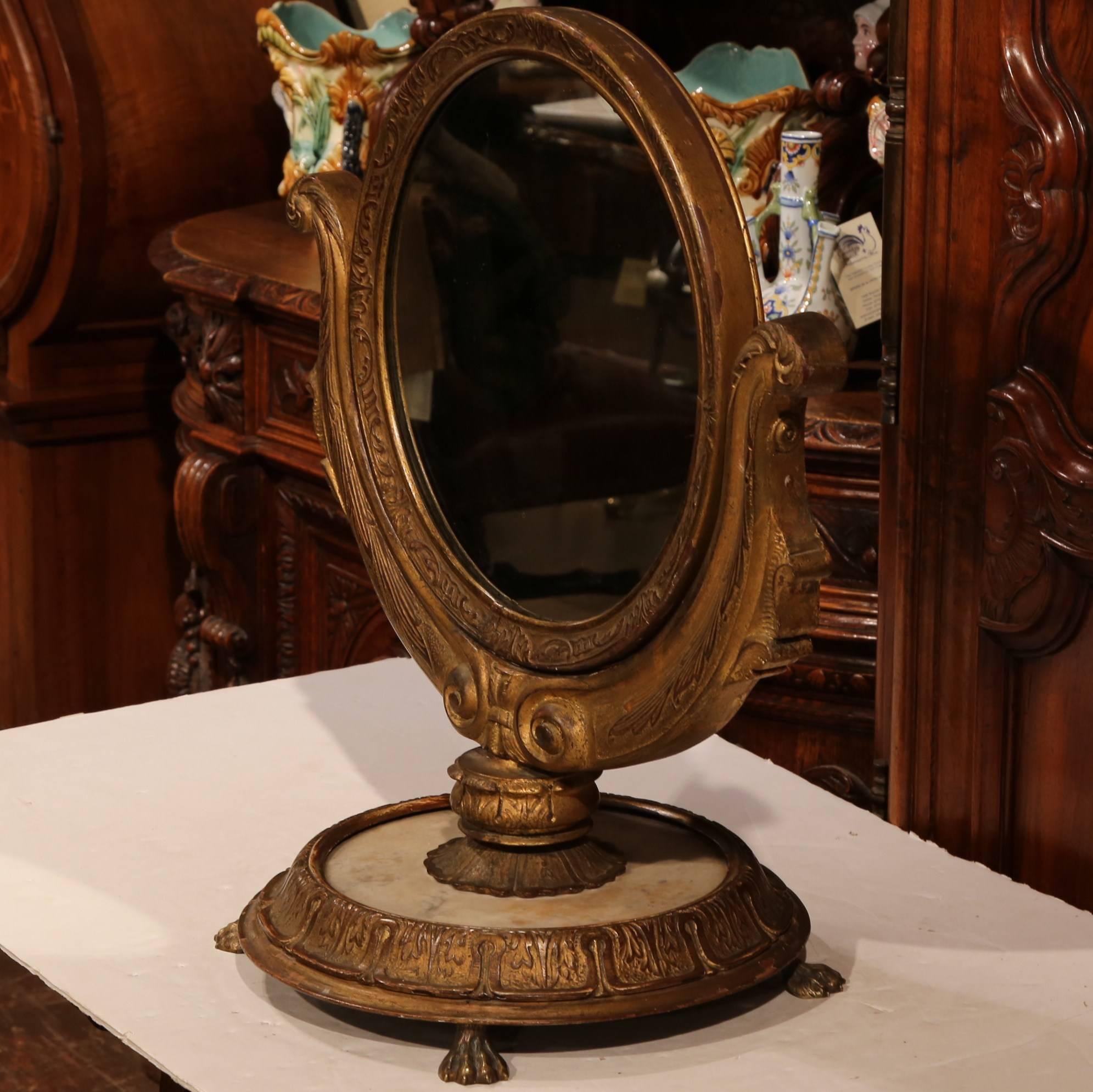 Mercury Glass 19th Century, French Empire Swivel and Tilt Makeup Mirror on Round Marble Base