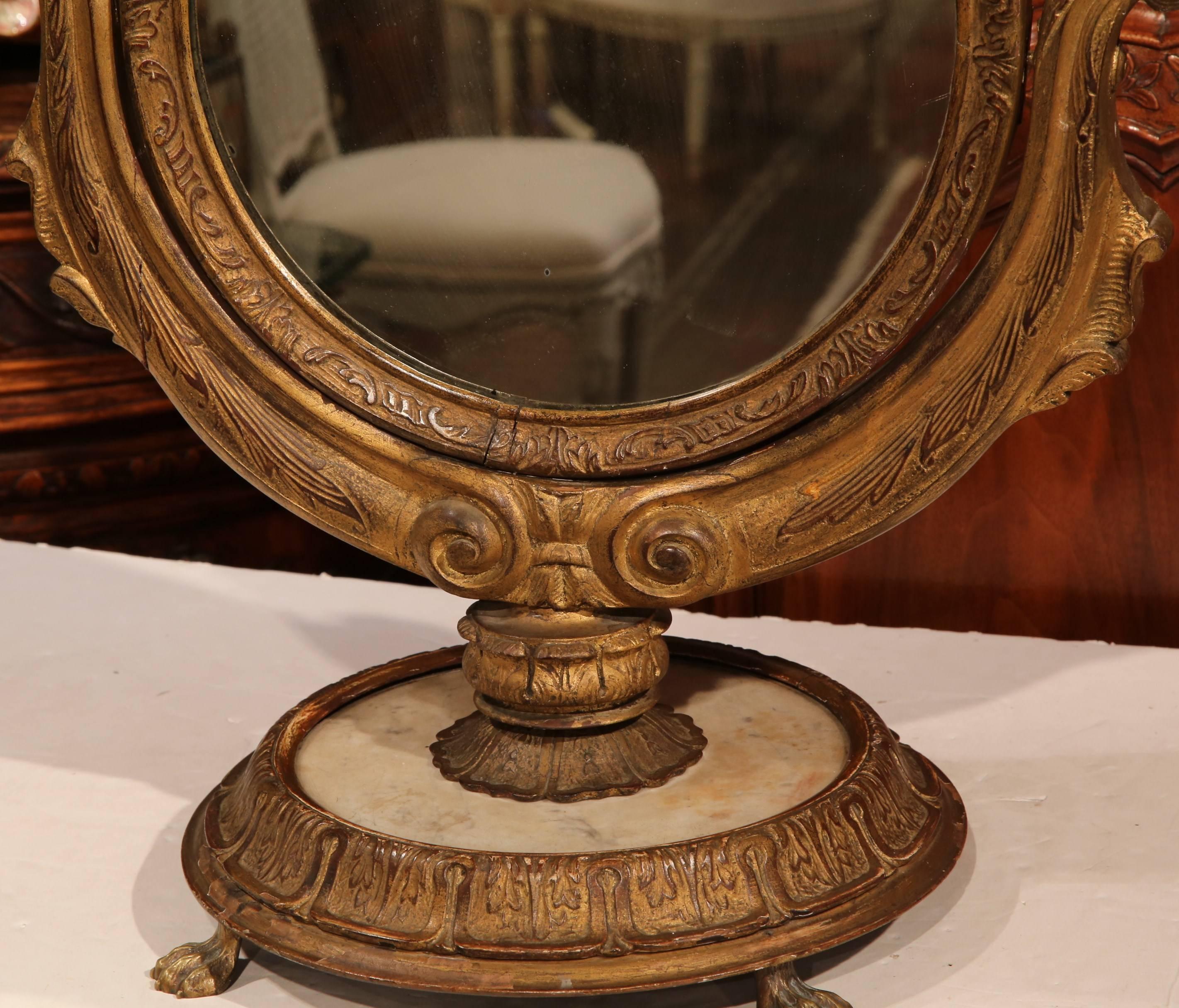 Hand-Carved 19th Century, French Empire Swivel and Tilt Makeup Mirror on Round Marble Base