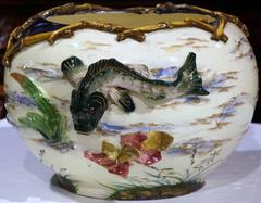 19th Century French Hand-Painted Barbotine Cache Pot with Birds, Fish, Flowers