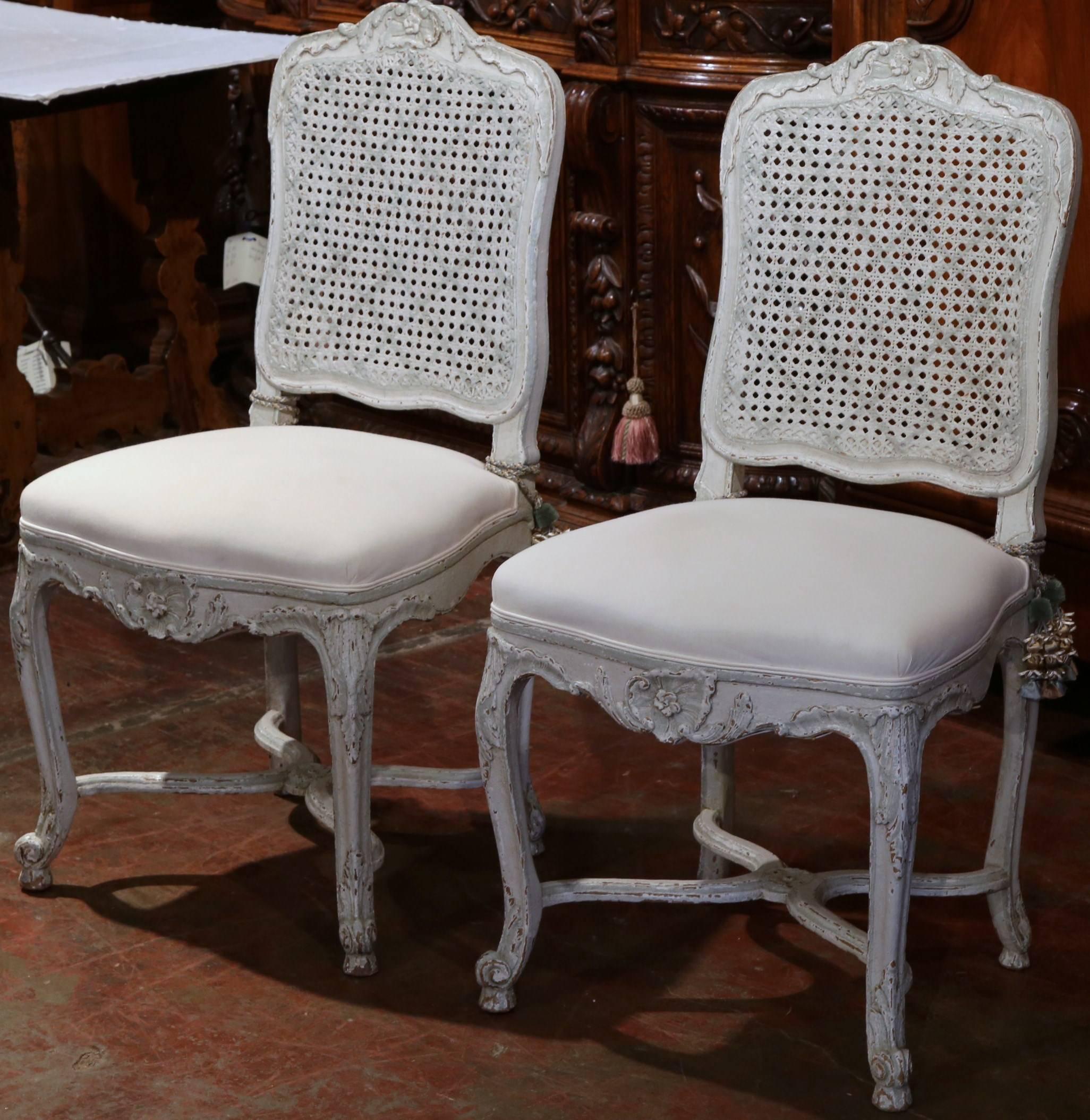 Pair of 19th Century French Louis XV Gray Painted Side Chairs with Cane Back 2