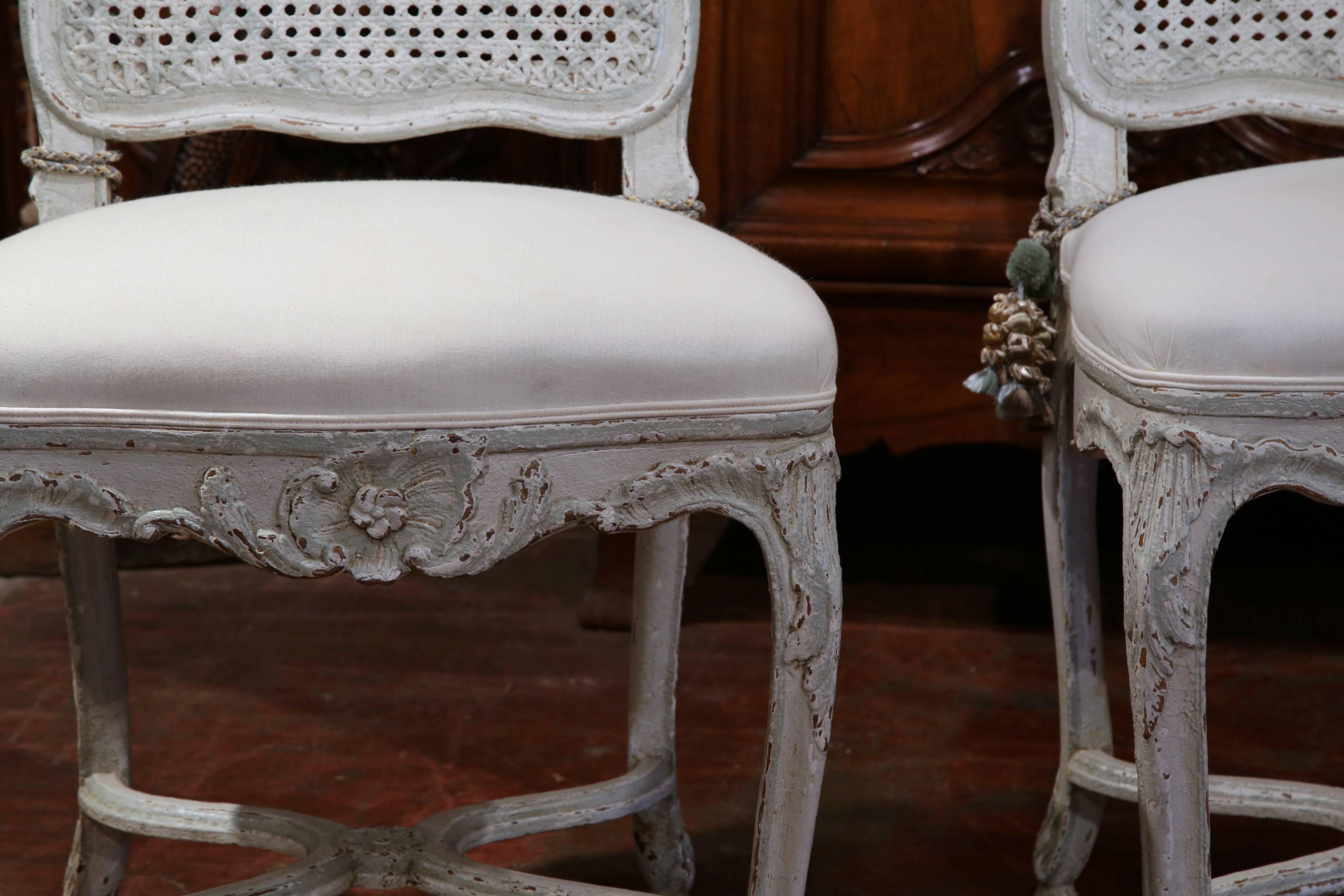 Pair of 19th Century French Louis XV Gray Painted Side Chairs with Cane Back 4