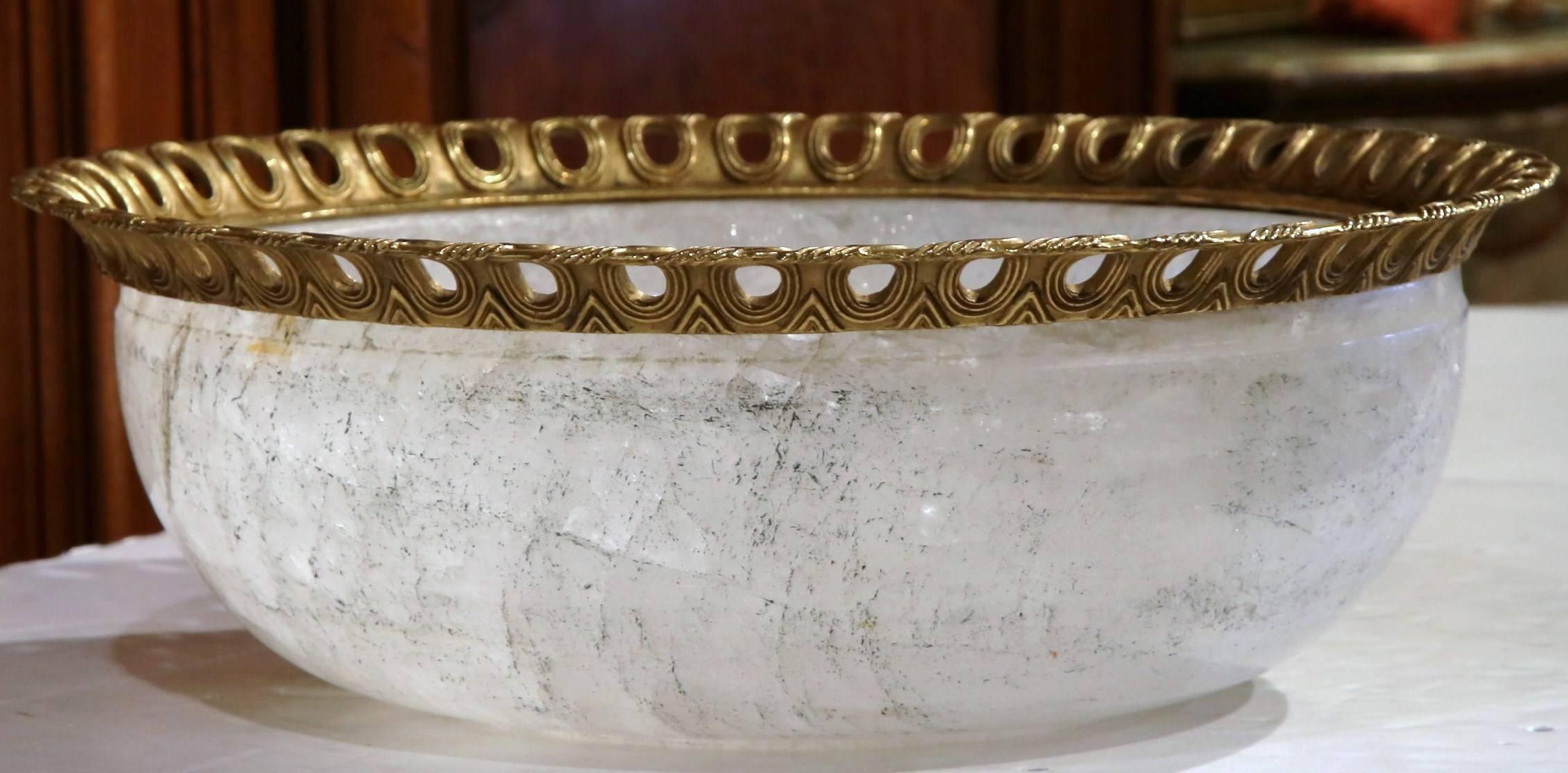 Brazilian Large Solid Rock Crystal Center Bowl with Brass Trim