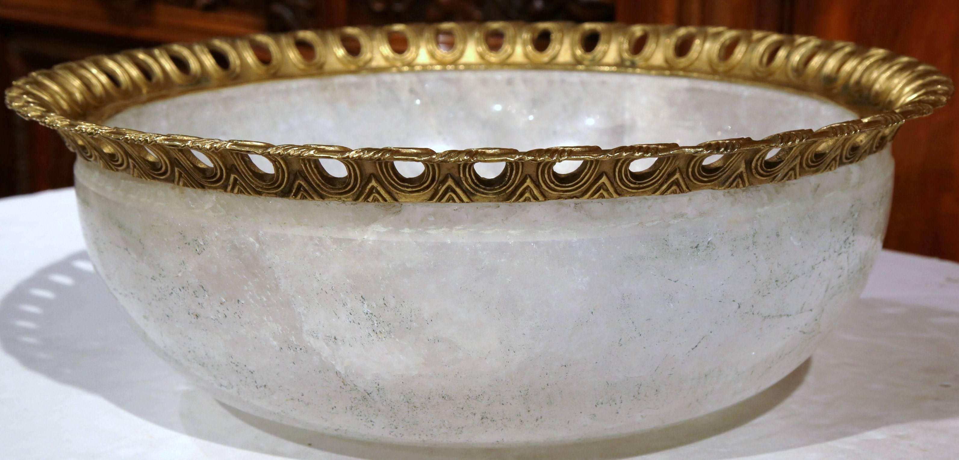 Large Solid Rock Crystal Center Bowl with Brass Trim 2