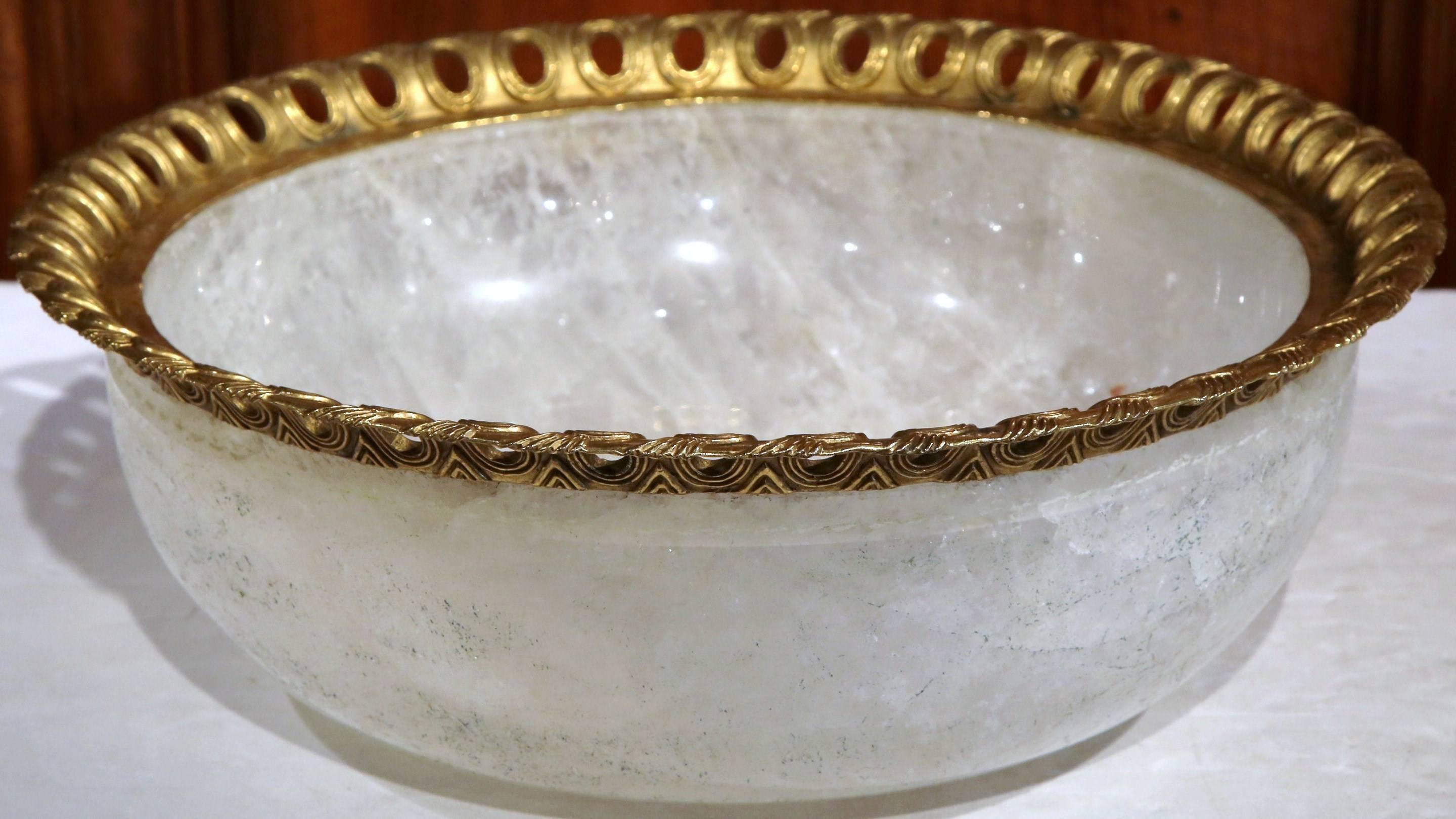 Elegant rock crystal serving bowl from Brazil with decorative brass trim. Excellent condition on this unusually large size tureen.