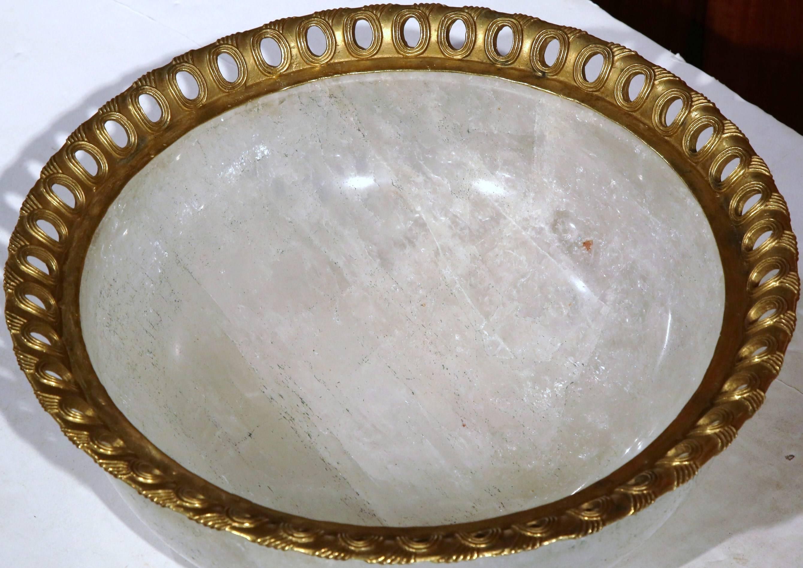 Large Solid Rock Crystal Center Bowl with Brass Trim In Excellent Condition In Dallas, TX