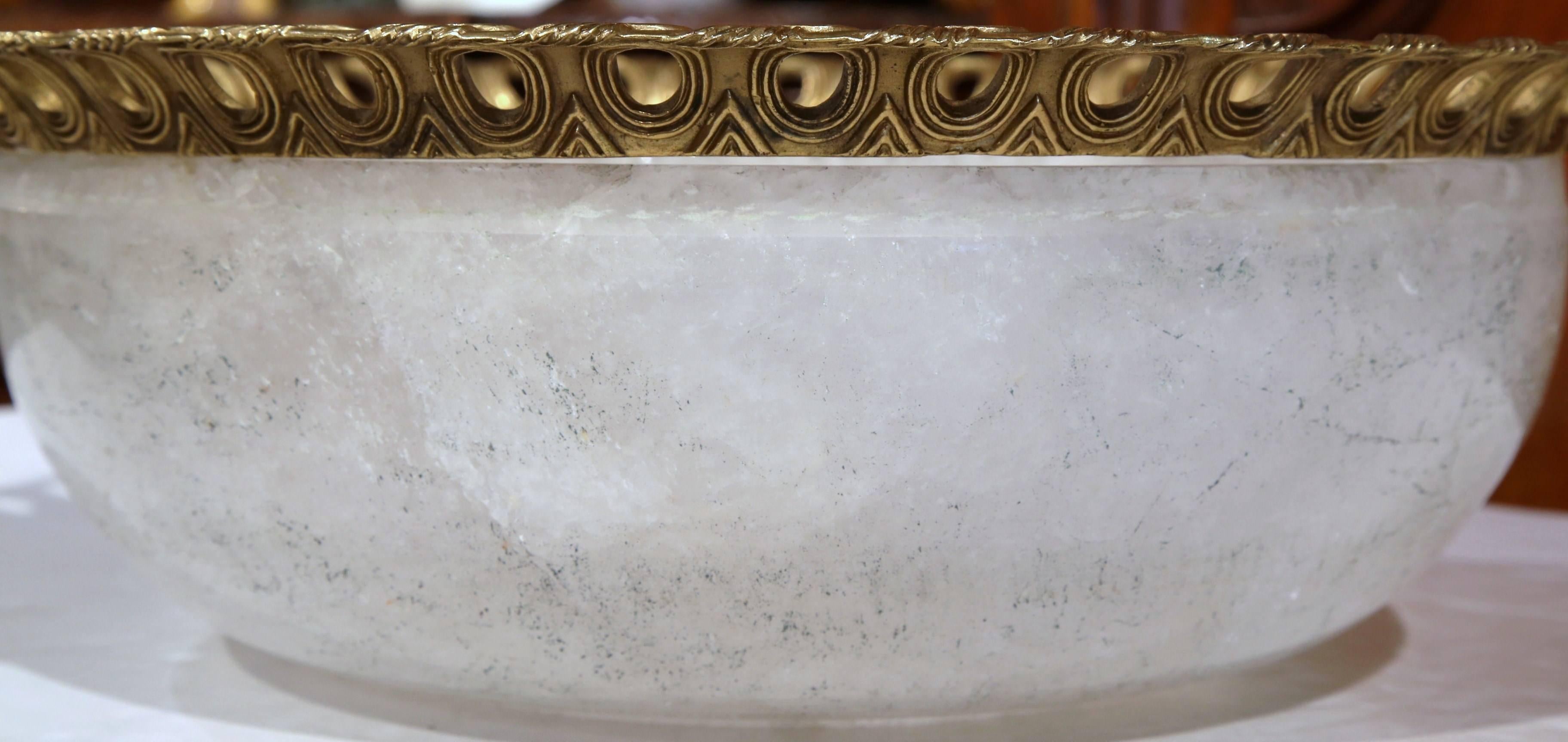 Large Solid Rock Crystal Center Bowl with Brass Trim 1