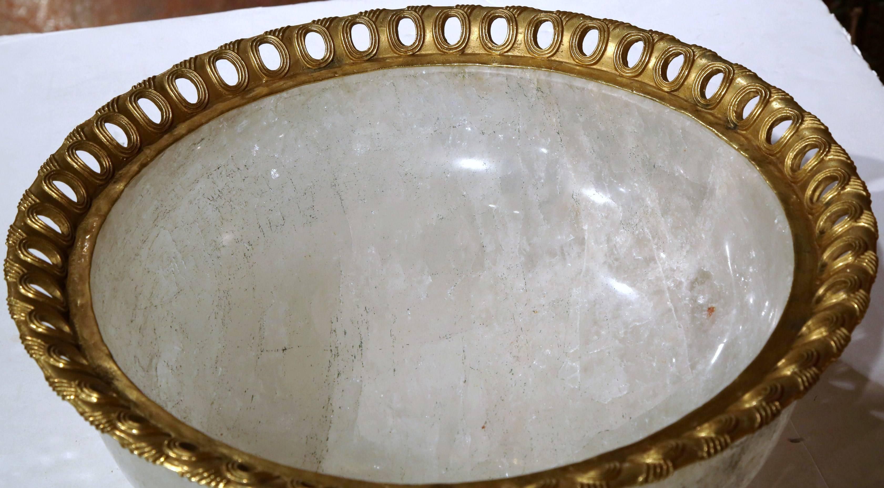 Contemporary Large Solid Rock Crystal Center Bowl with Brass Trim