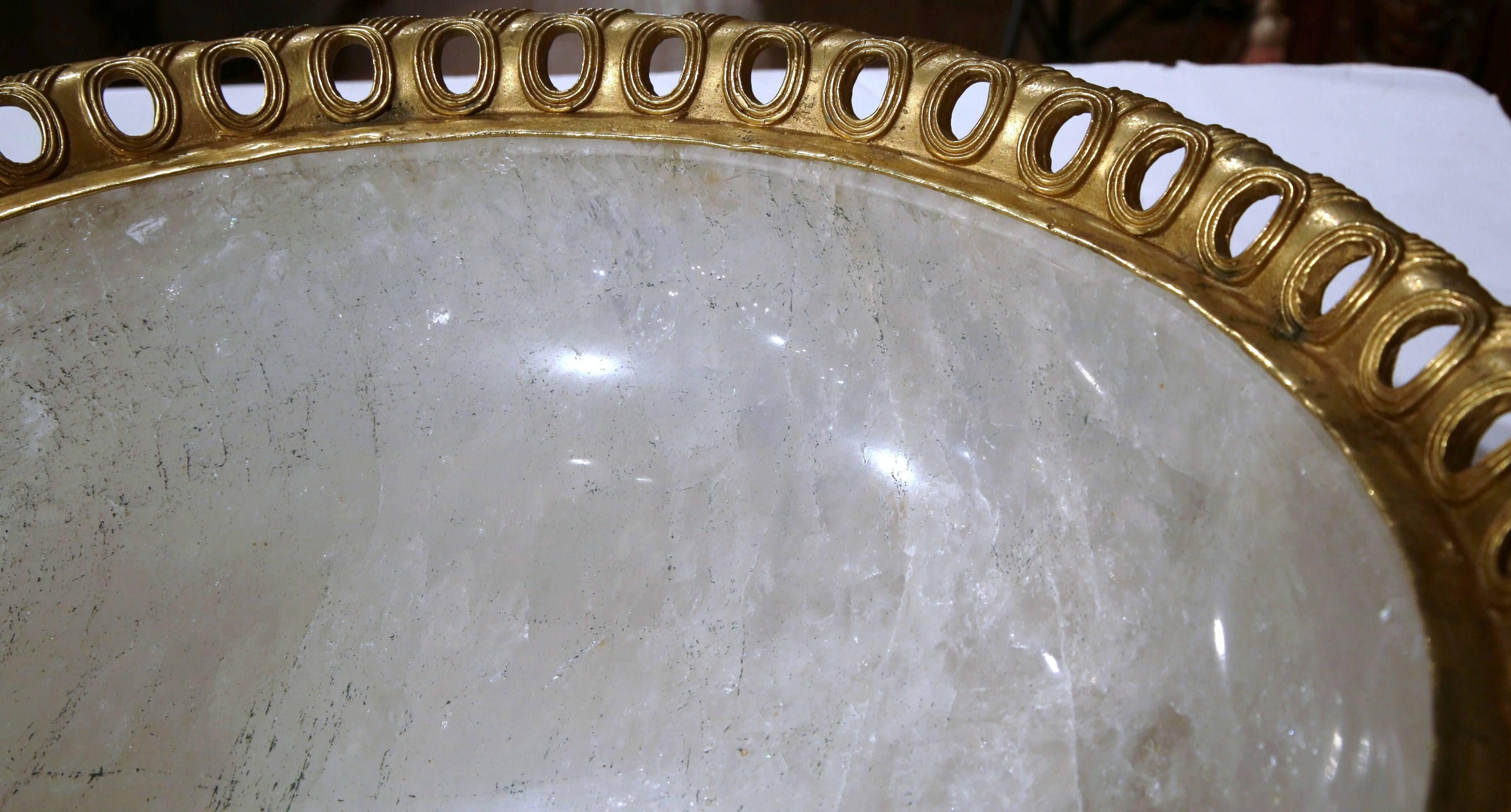 Large Solid Rock Crystal Center Bowl with Brass Trim 3