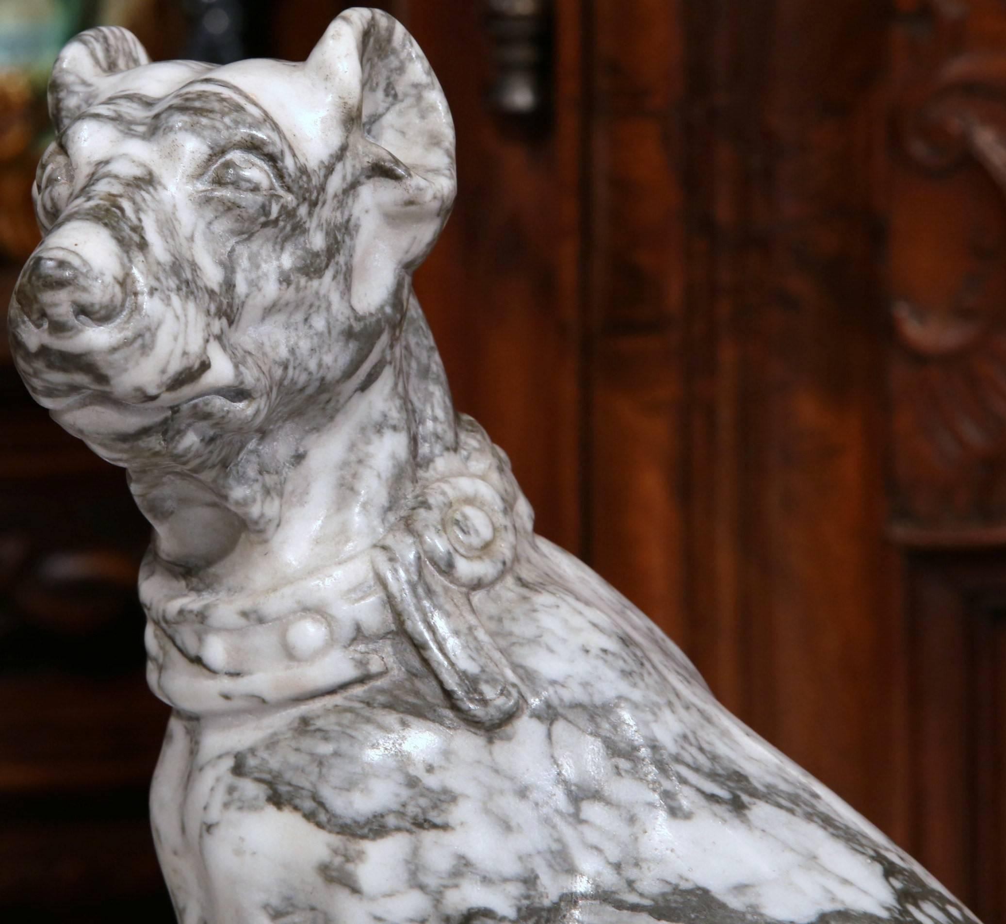 Patinated 19th Century French Carved Grey and White Marble Dog Sculpture