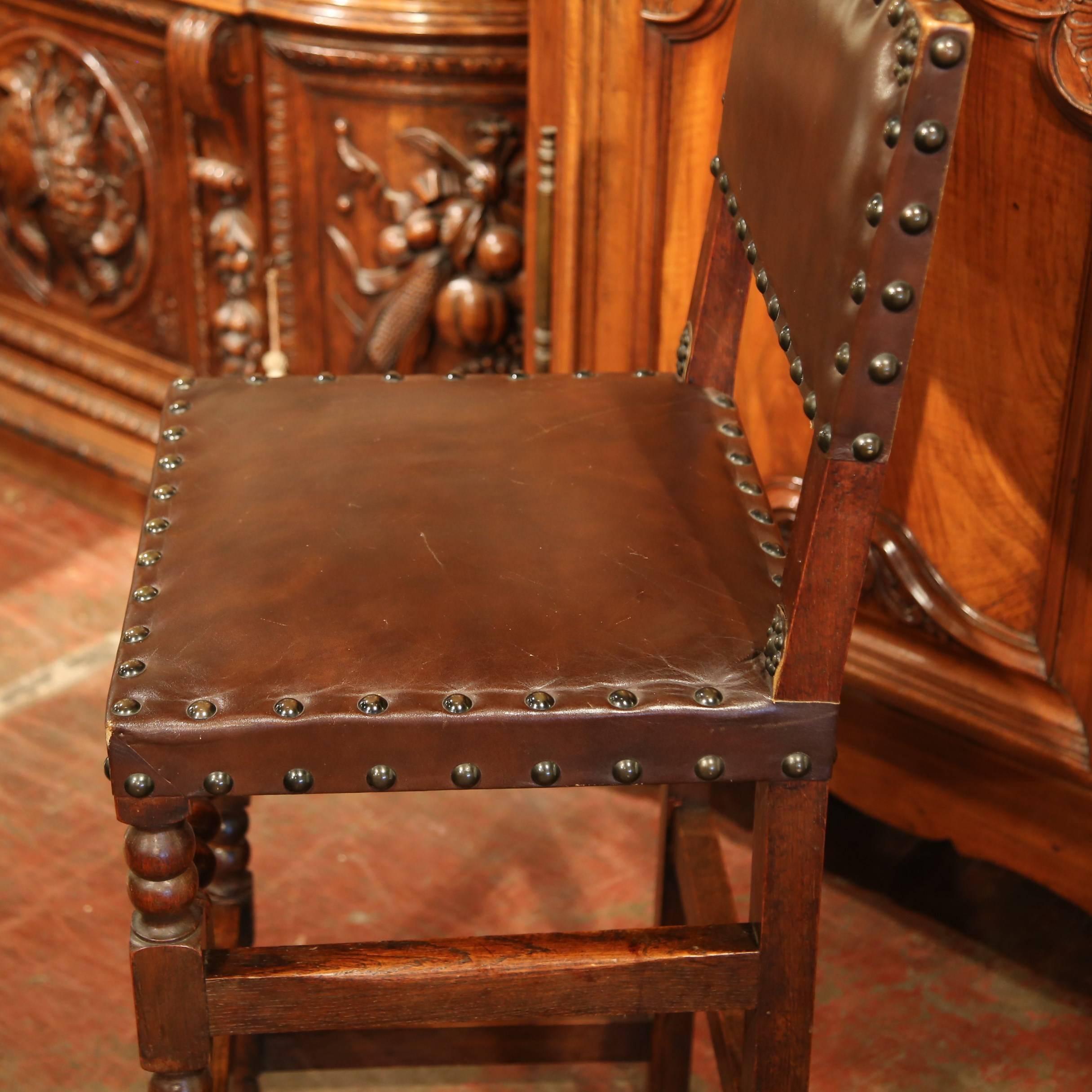 Set of Four 19th Century French Walnut Barstools with Original Leather and Nails In Excellent Condition In Dallas, TX