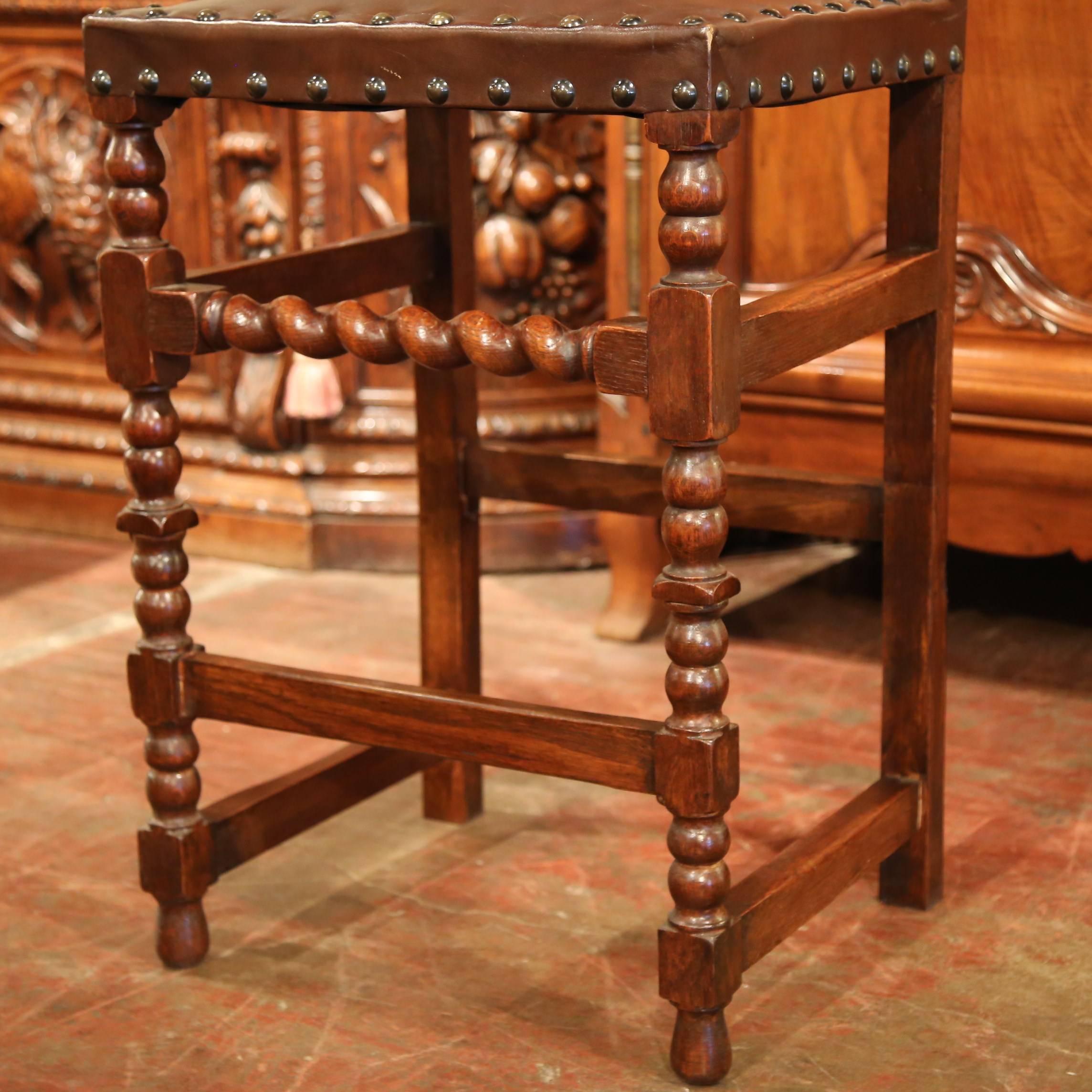 Louis XIII Set of Four 19th Century French Walnut Barstools with Original Leather and Nails