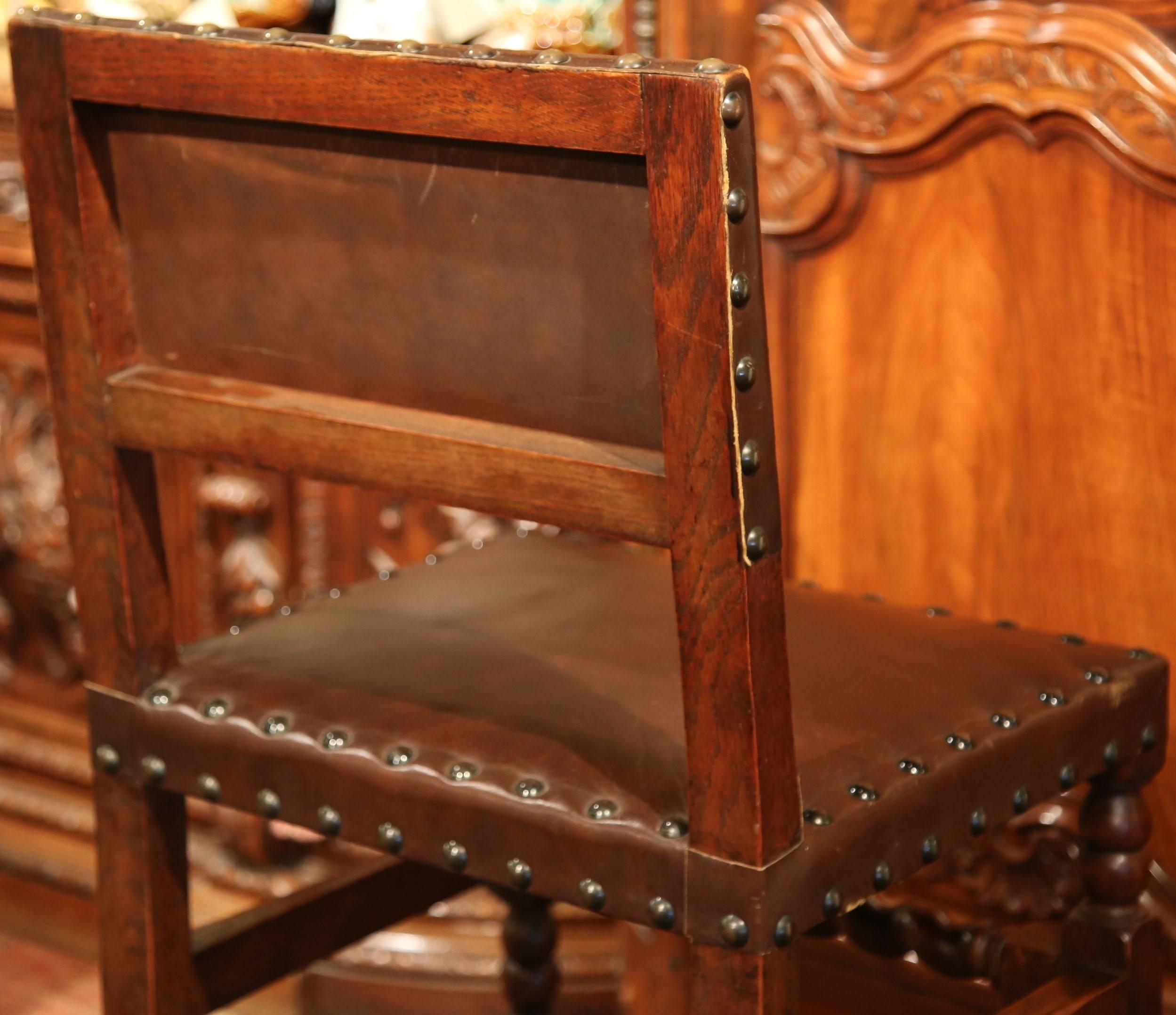 Set of Four 19th Century French Walnut Barstools with Original Leather and Nails 6