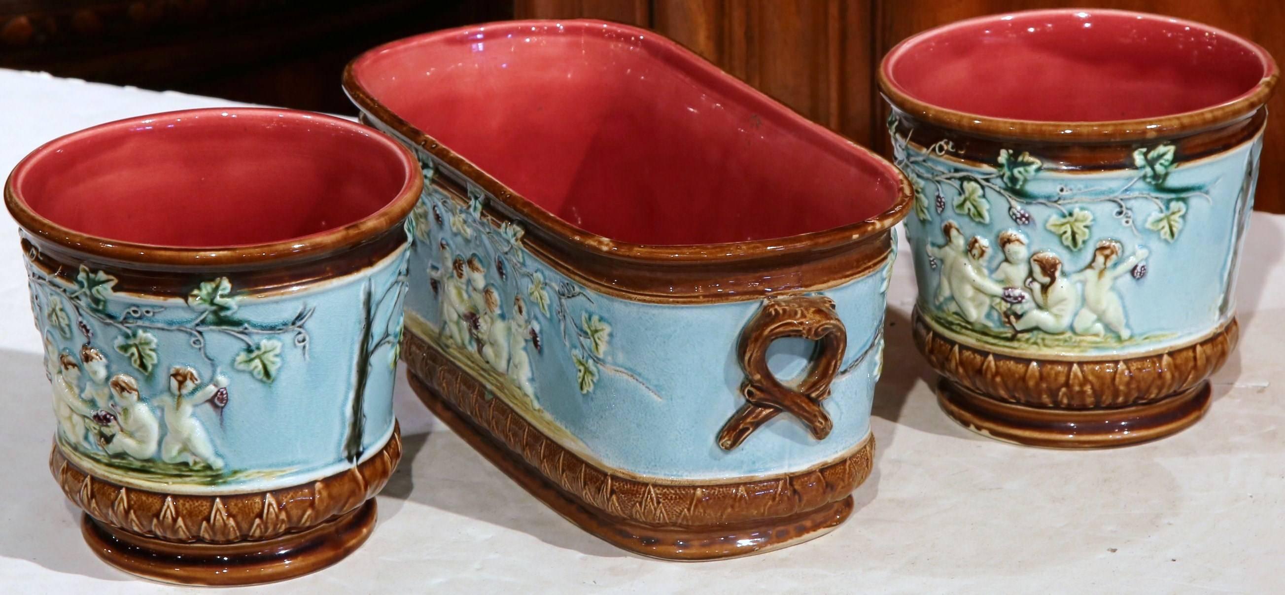 Ceramic 19th Century French Painted Barbotine Jardinière and Two Cachepots, 3 Pieces