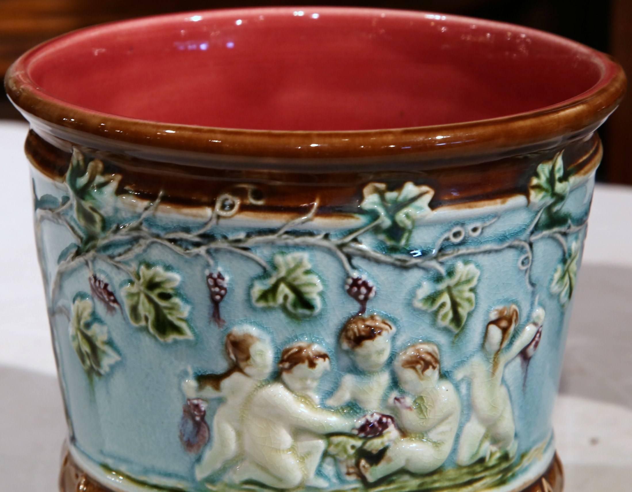 19th Century French Painted Barbotine Jardinière and Two Cachepots, 3 Pieces 2