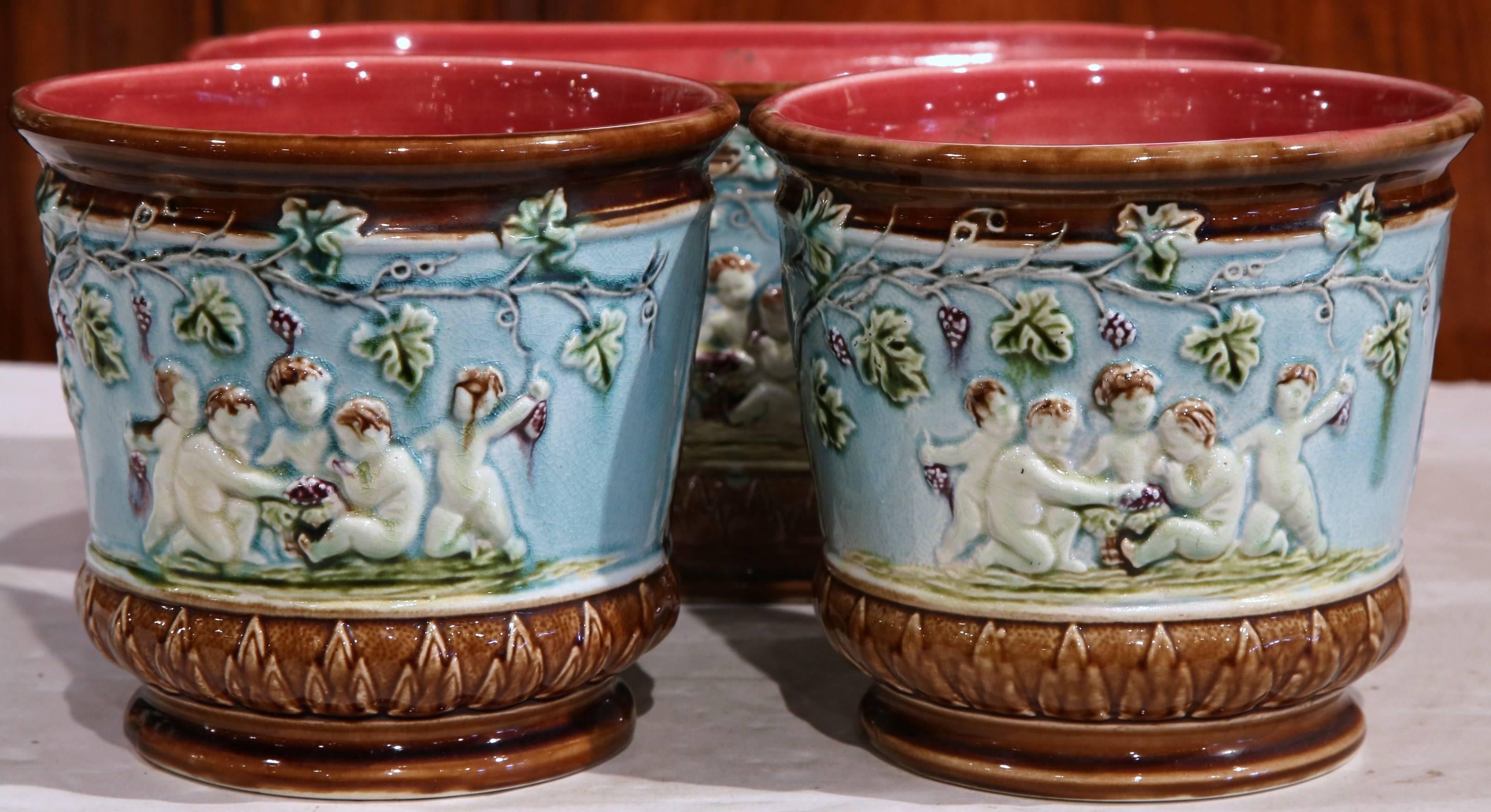 19th Century French Painted Barbotine Jardinière and Two Cachepots, 3 Pieces 1