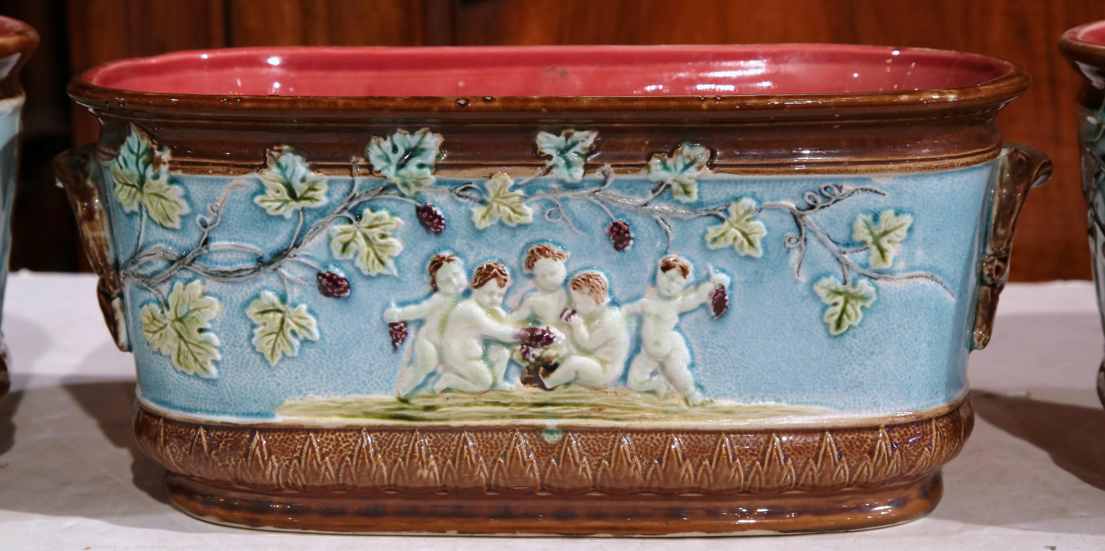 Hand-Crafted 19th Century French Painted Barbotine Jardinière and Two Cachepots, 3 Pieces