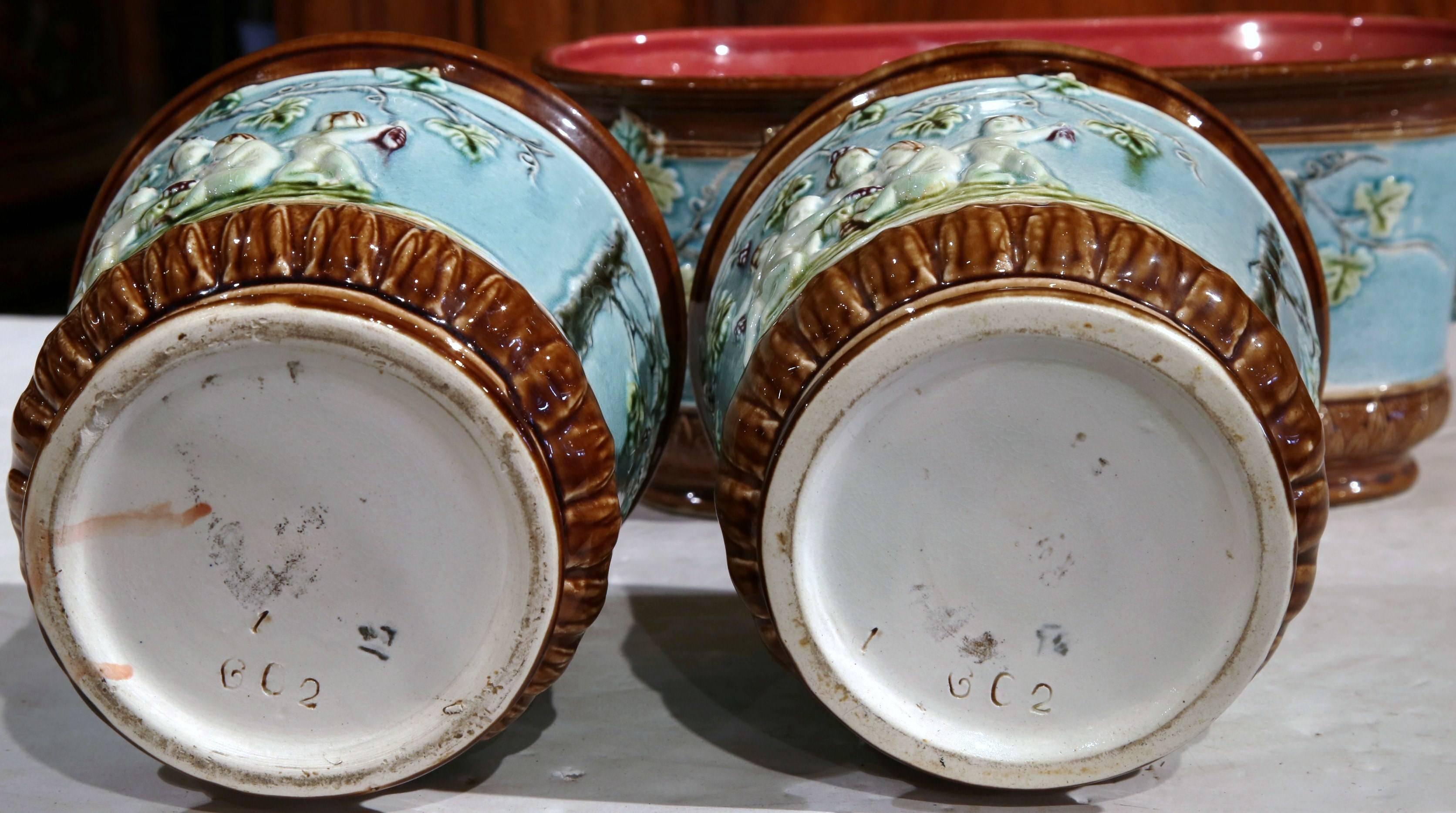 19th Century French Painted Barbotine Jardinière and Two Cachepots, 3 Pieces 3