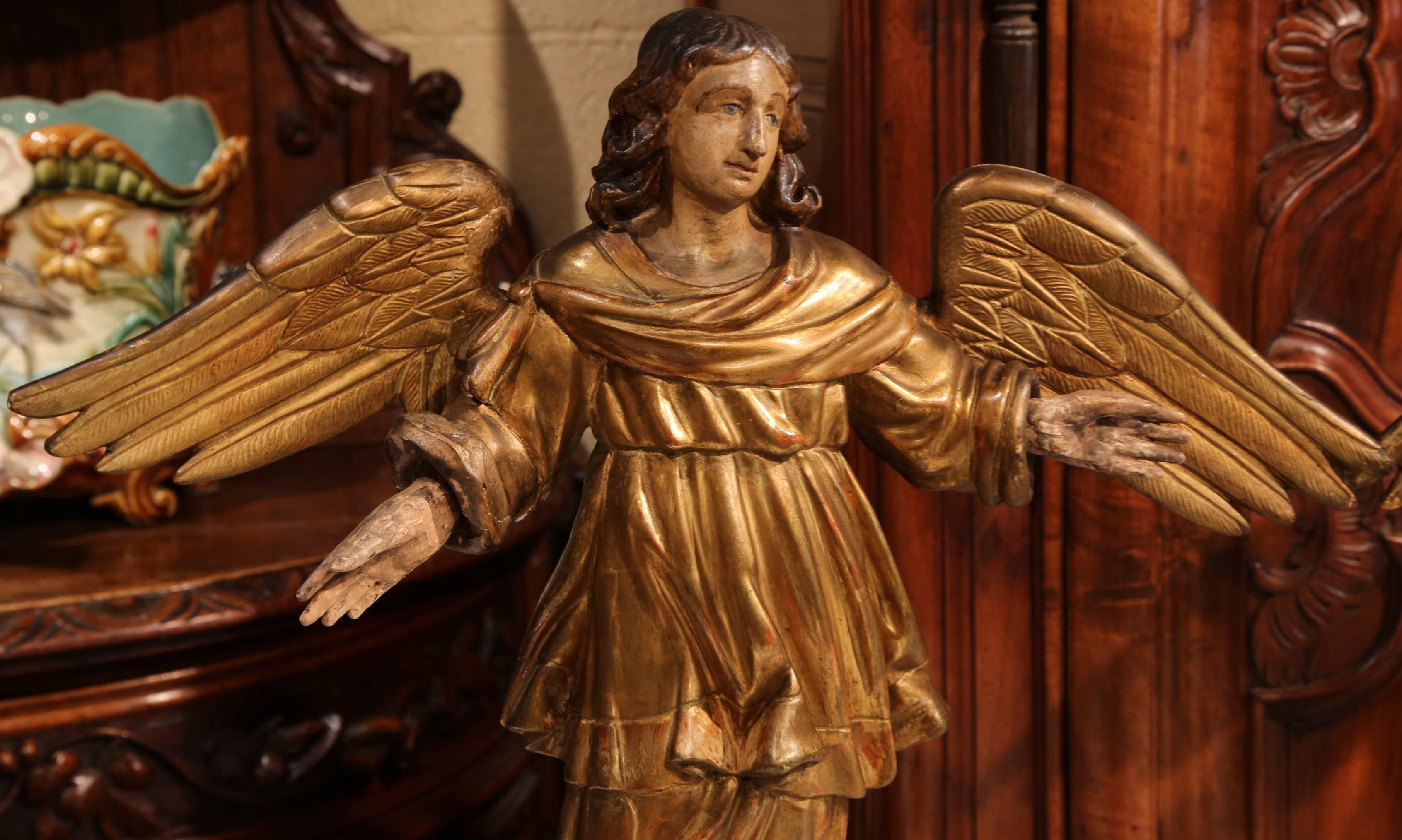 Hand-Carved Pair of 19th Century, French Carved Gilt Winged Angels Statues
