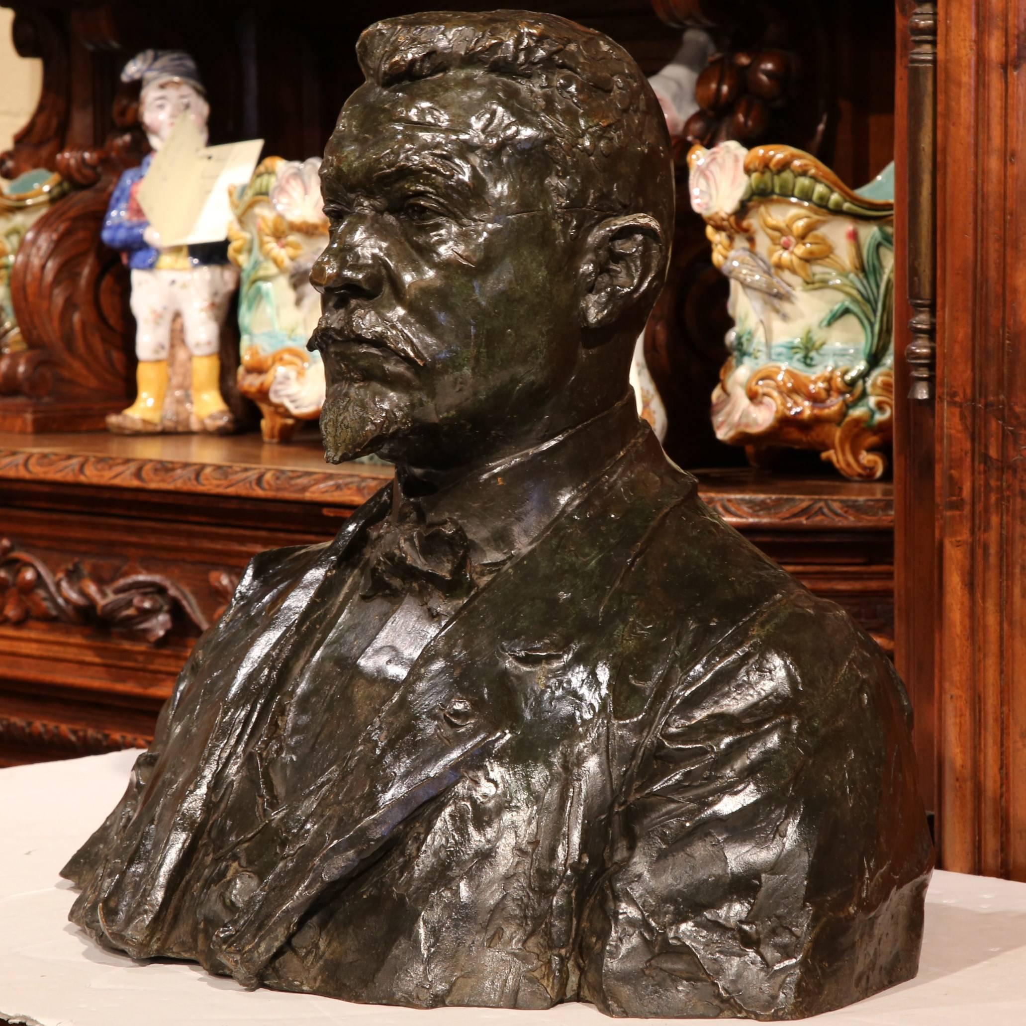 Place this important antique bust figure on a mantel or a large pedestal. Crafted in France using the lost wax casting method, the bust depicts the French prime minister Raymond Poincare. The art work is signed and dated A. Descatoire, 1913. The